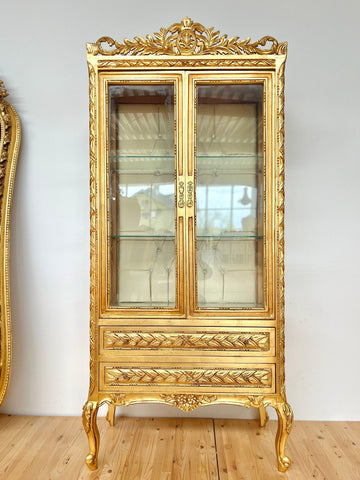 Display Cabinet Wooden French Louis XV Style Showcase Antique Baroque Style Reproduction in Gold Finish