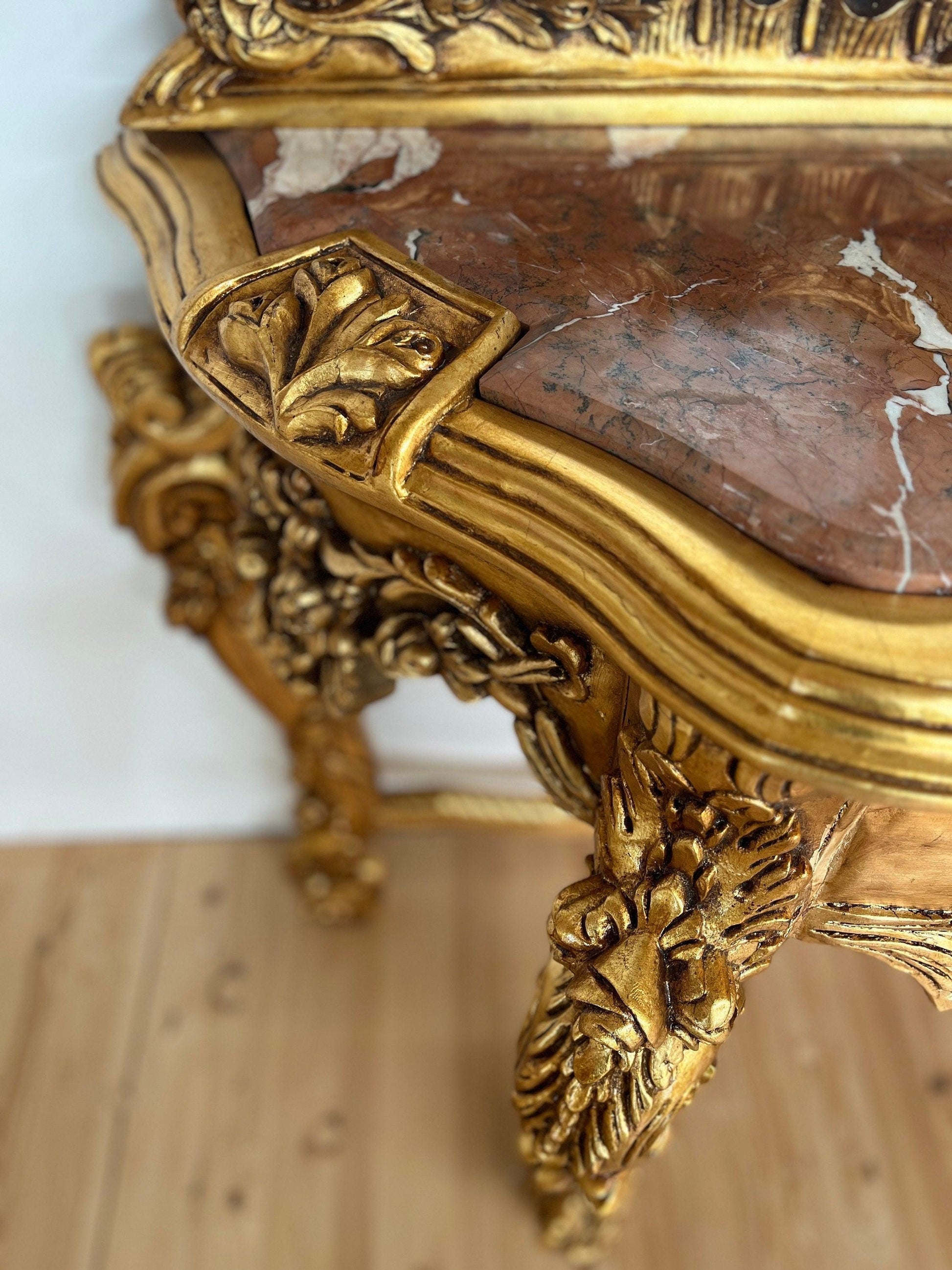 Huge Console Table Mirror Antique Style with Marble Slab Top Table Retro Baroque Style in Gold Finish for Home Decor for Hotel Display