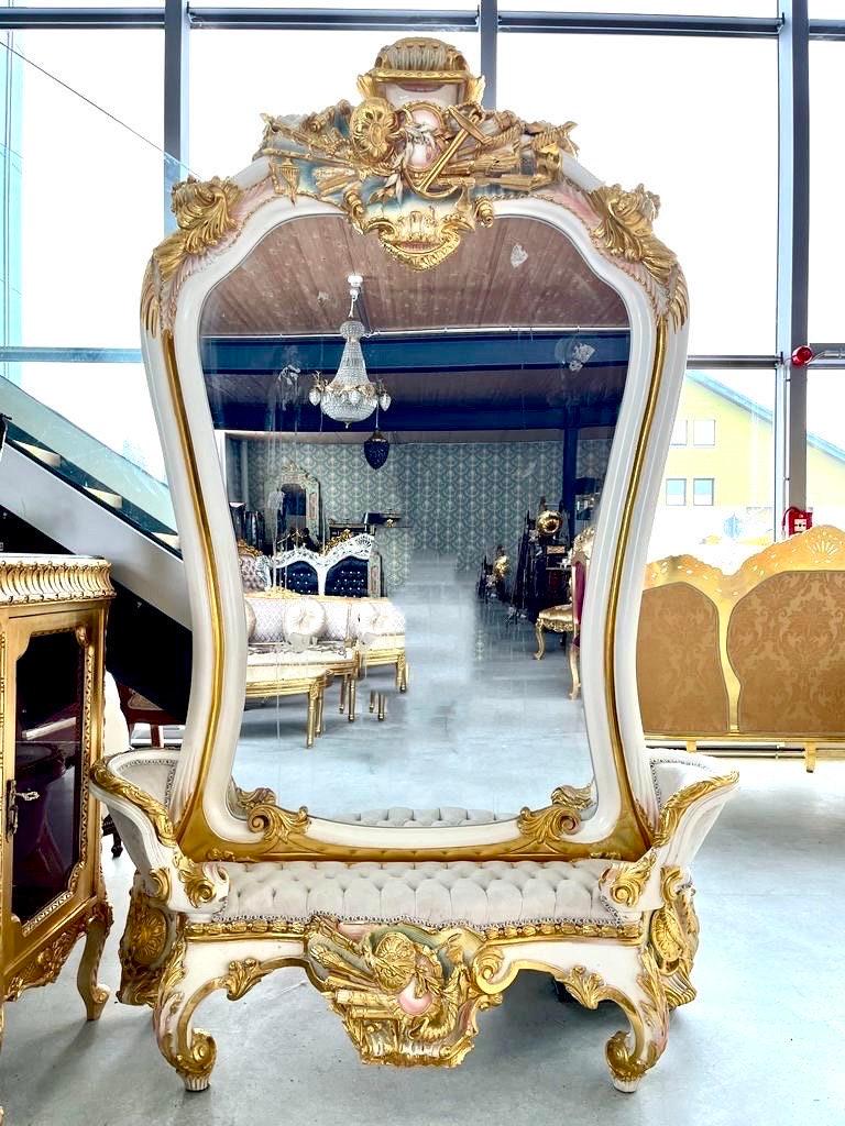 Wall Mirror & Bench Set Retro Baroque Rococo Style in Gold Finish Huge Mirror with Beige Velvet Bench Set for Commercial Lobby