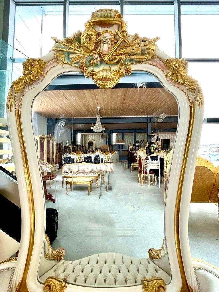 Wall Mirror & Bench Set Retro Baroque Rococo Style in Gold Finish Huge Mirror with Beige Velvet Bench Set for Commercial Lobby