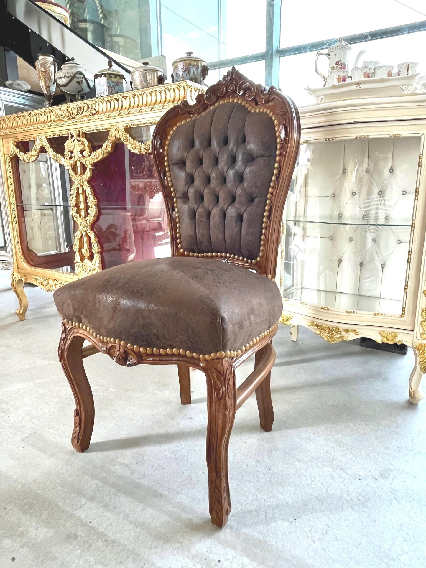 Accent Chair Brown Color Leather Like French Baroque Rococo Style Chair Antique Style Reproduction Dining Chair Real Wood Brown Color