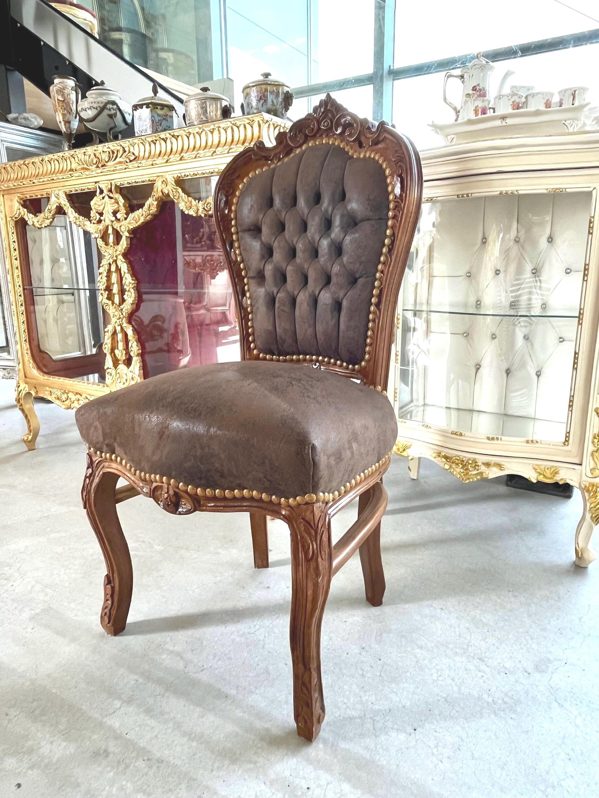 Accent Chair Brown Color Leather Like French Baroque Rococo Style Chair Antique Style Reproduction Dining Chair Real Wood Brown Color