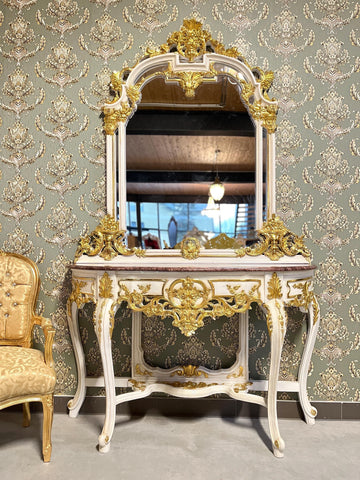 Deluxe Table Console Mirror Set French Antique Style Baroque Rococo Style Red Marble Slab Top in Gold Finish for Home Decor for Hotel Decor