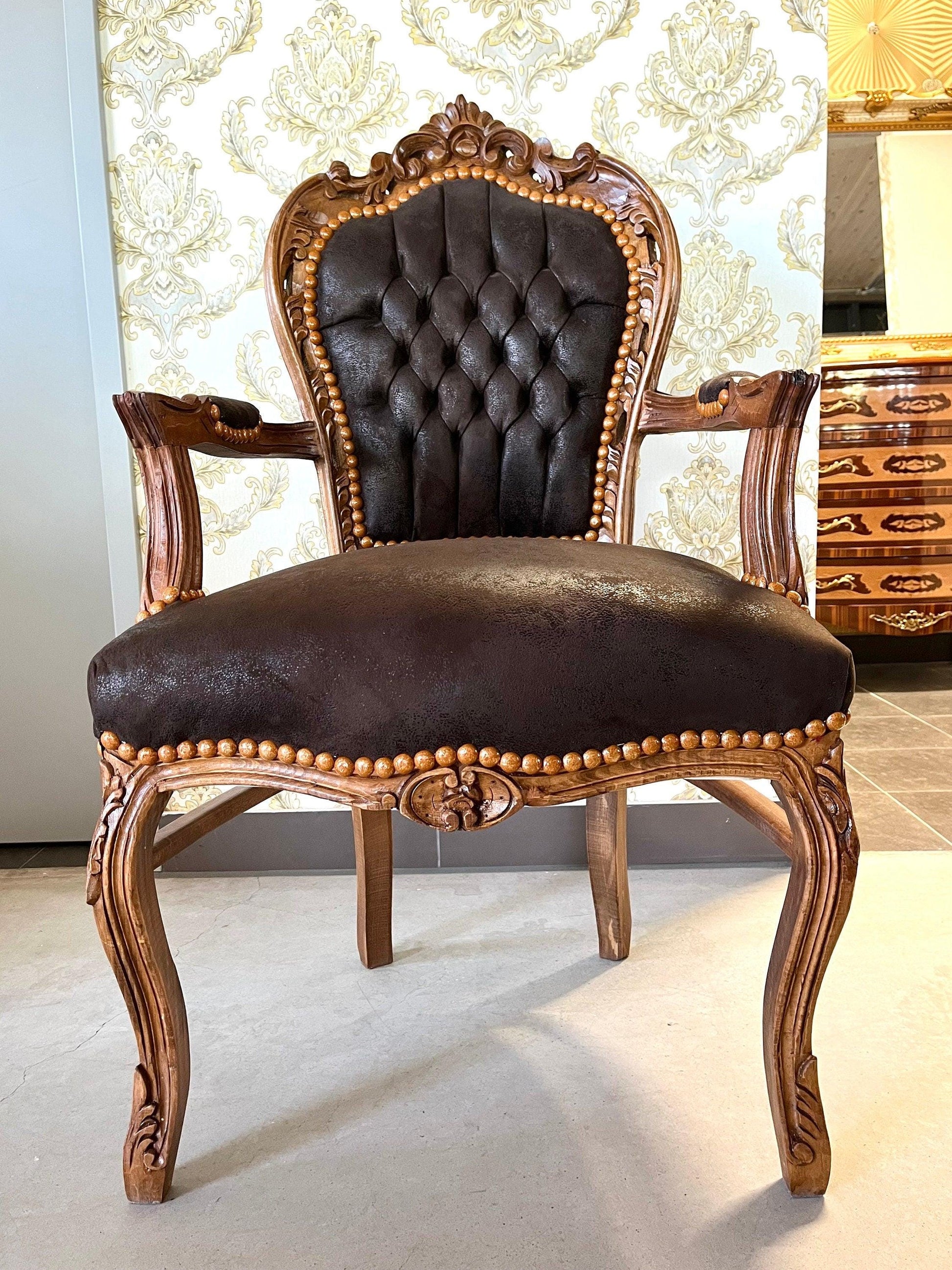 Armchair French Louis Style Brown Color Leather Like Chair Baroque Rococo Style Armchair Antique Style Reproduction Armchair in Brown Color