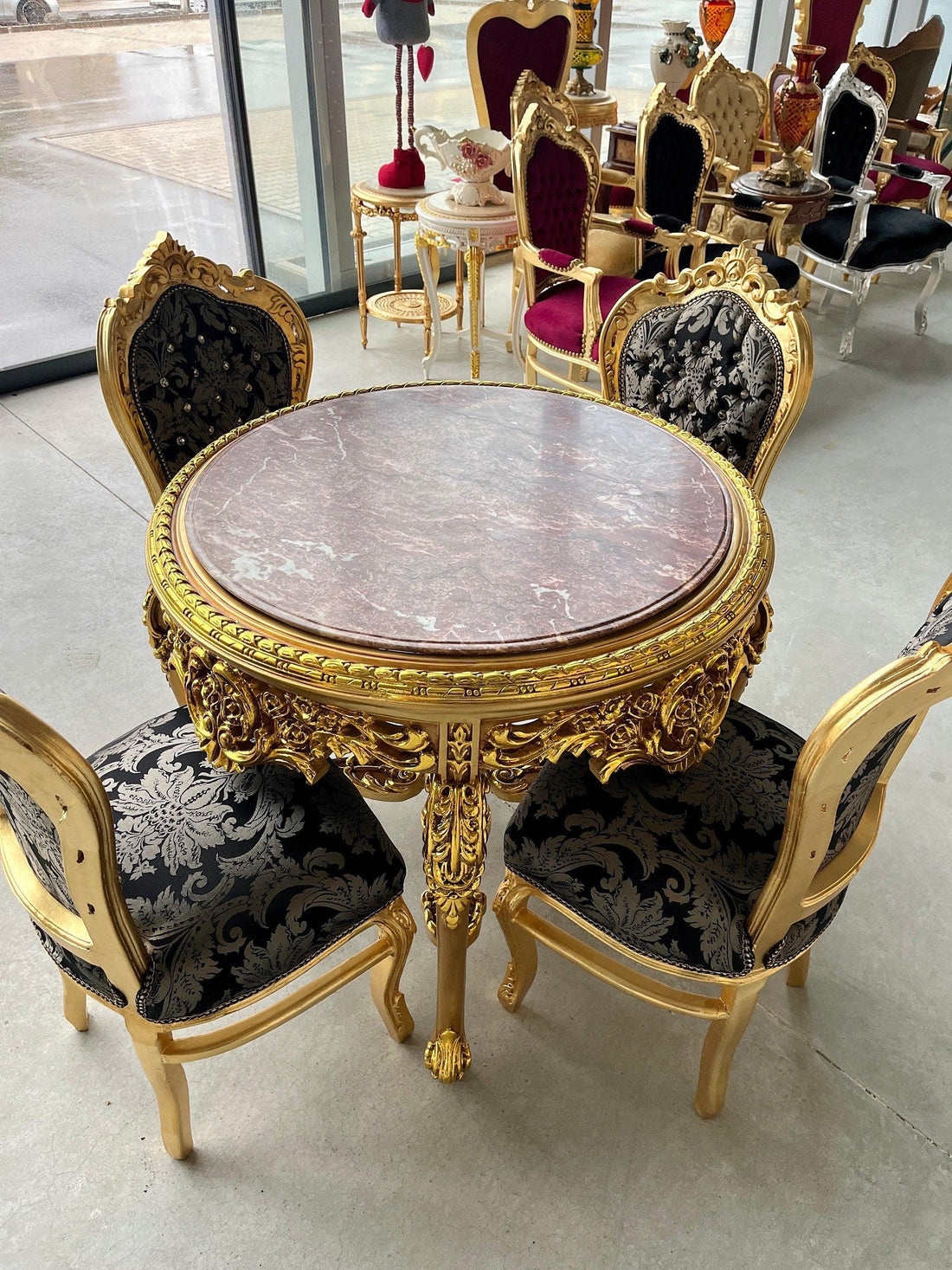 Round Table Retro Baroque Rococo Style Marble Top French Antique Style Wooden Table Gold Finish for Home Decor