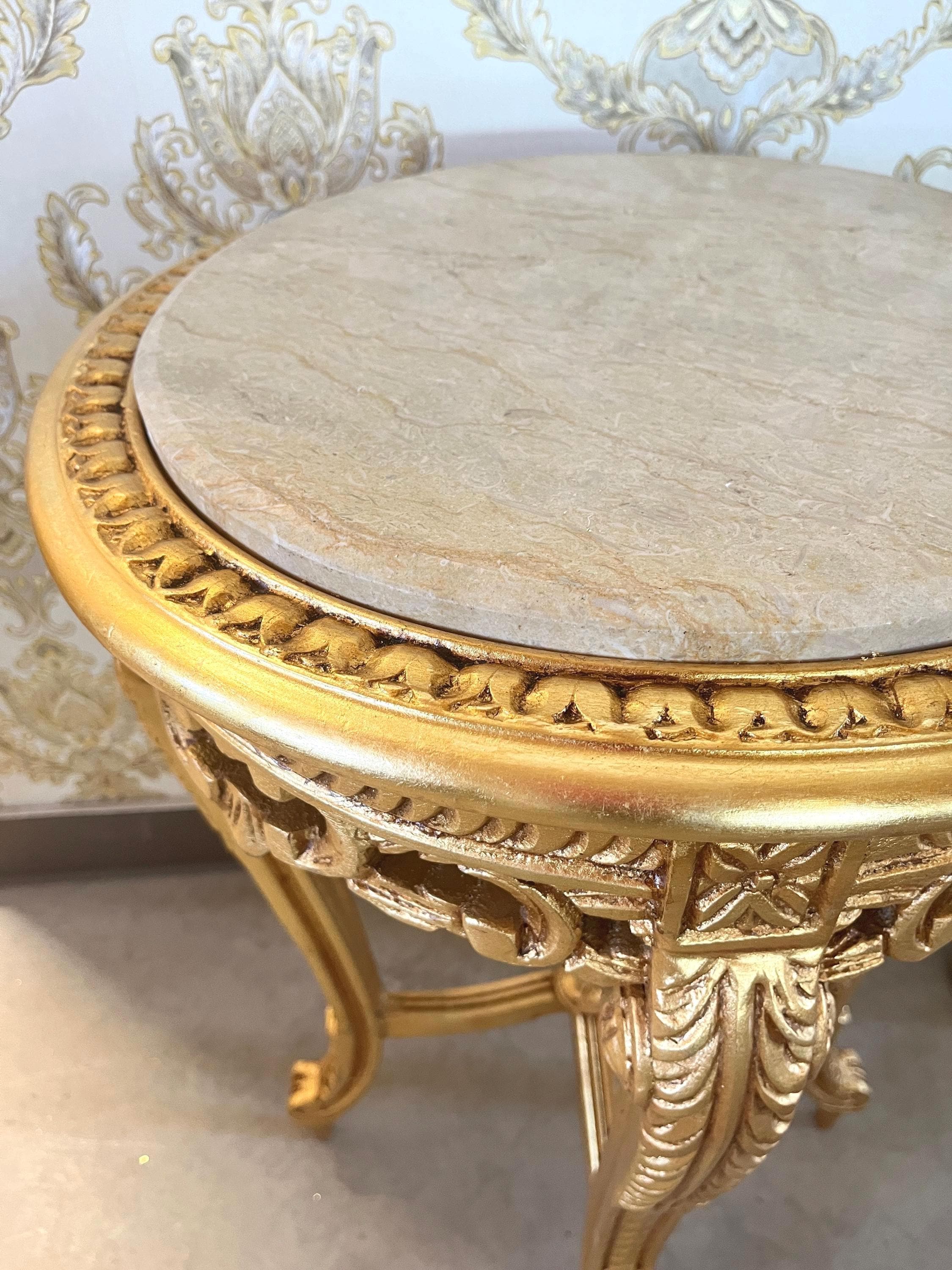 Side Table French Louis Antique Style with Marble Slab Top Coffee Table Retro Baroque Style In Gold Finish for Home Decor