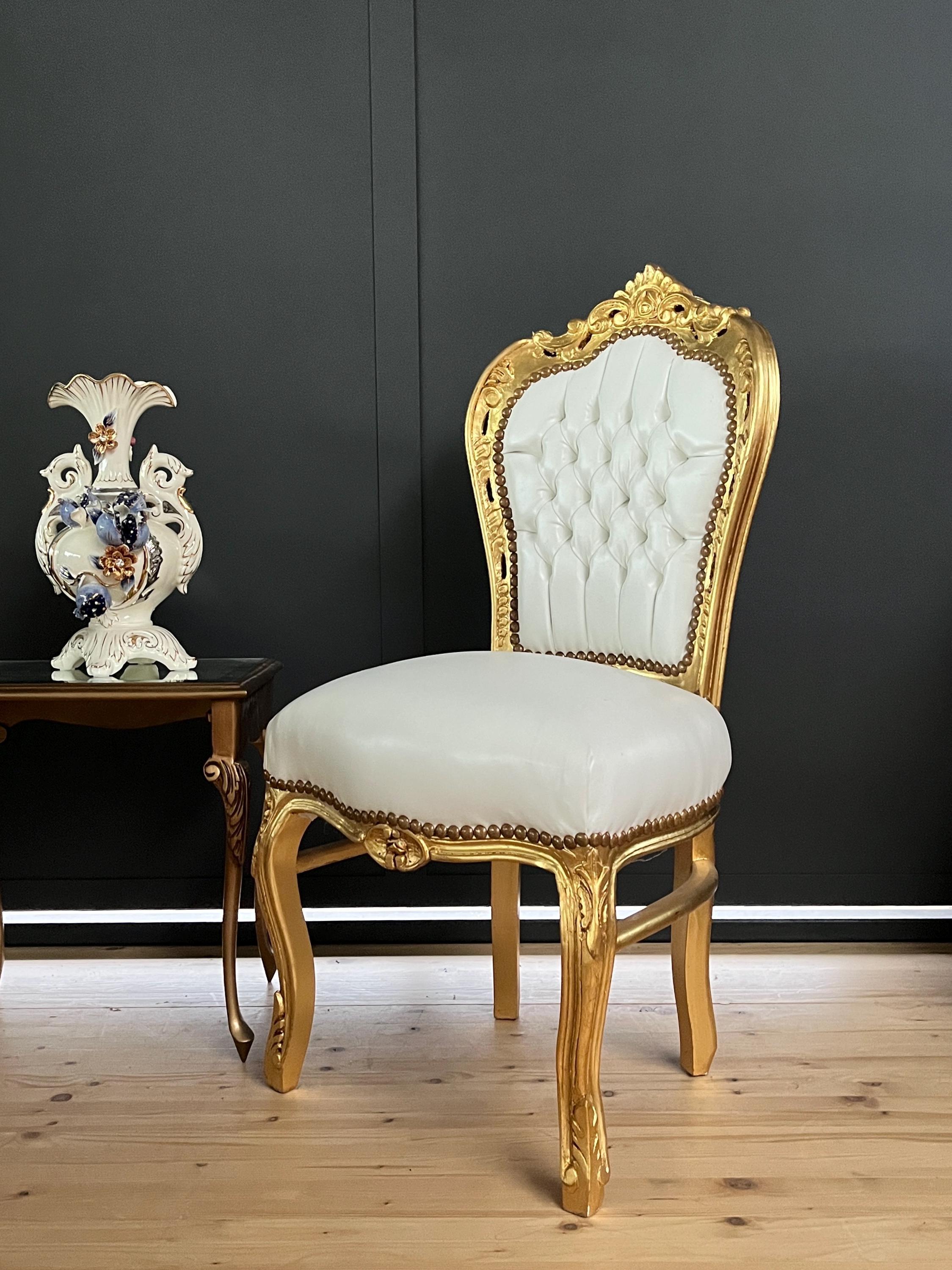 Accent Chair White Faux Leather French Rococo Chair for Dining Room Antique Style White Dining Chair in Gold Finish for Wedding Party Event