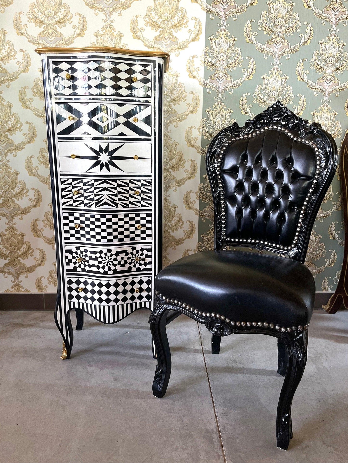 Französischer Louis XV Barockstuhl im antiken Stil / French Louis XV Baroque Antique Style Chair- Black