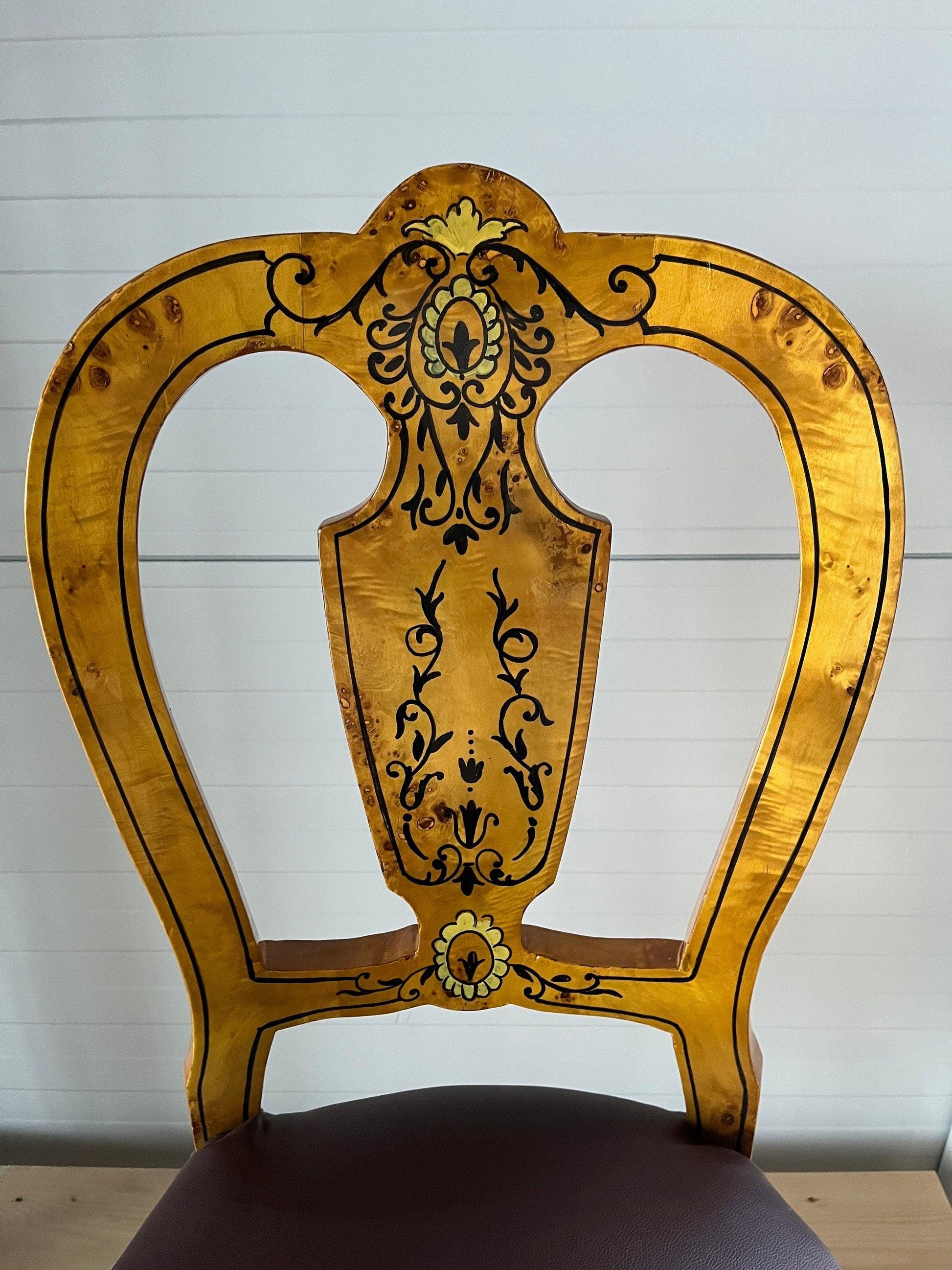 Dining Chair Retro Baroque Style Home Decor Chair in Yellow Frame & Brown Seat Italian Antique Style