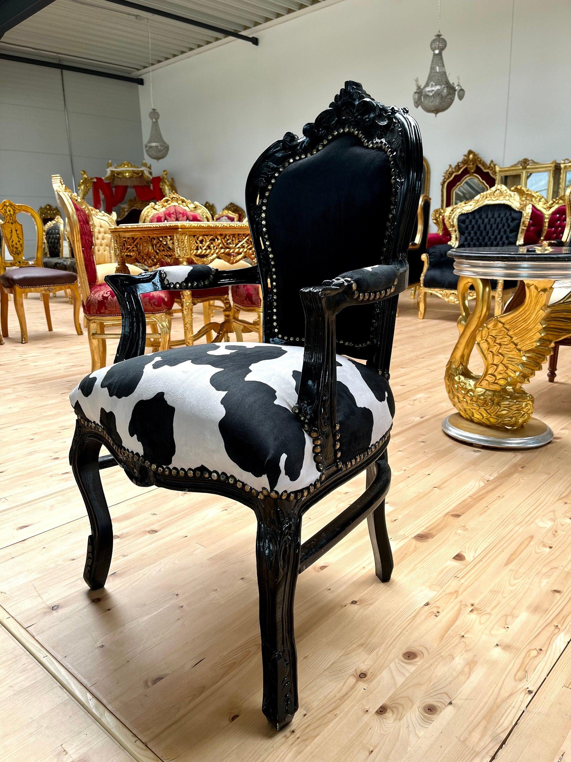 Armchair Louis XV Black Velvet Chair French Baroque Armchair in Animal Print For Lounge Room Chair Dairy Cow Print Black Armchair Home Decor