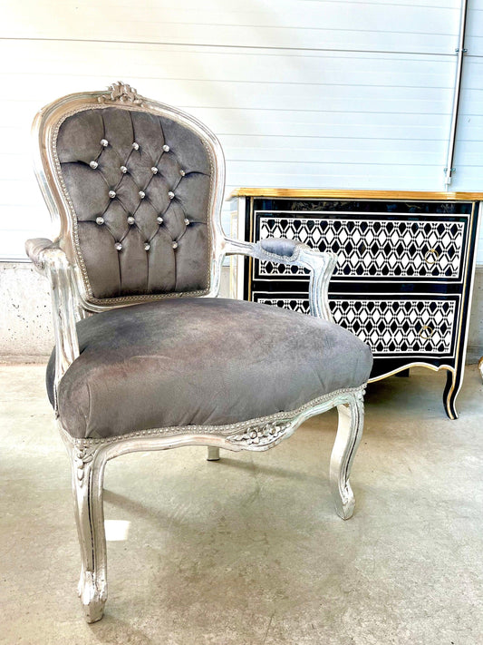 Armchair French Louis Style Grey Velvet Chair Antique Style Silver Finish Baroque Rococo Style Armchair for Home