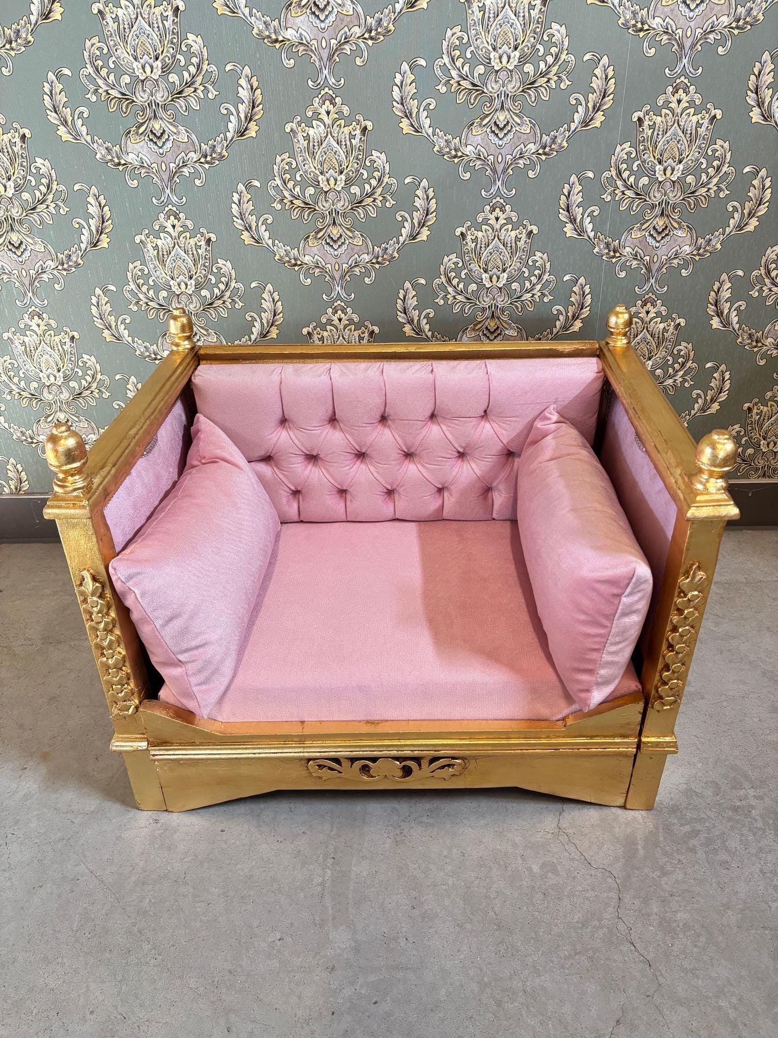 Pet Sofa French Baroque Style Cute Dog Couch Handmade in Pink Velvet Gold Finish for Small Pet for Pet Lover