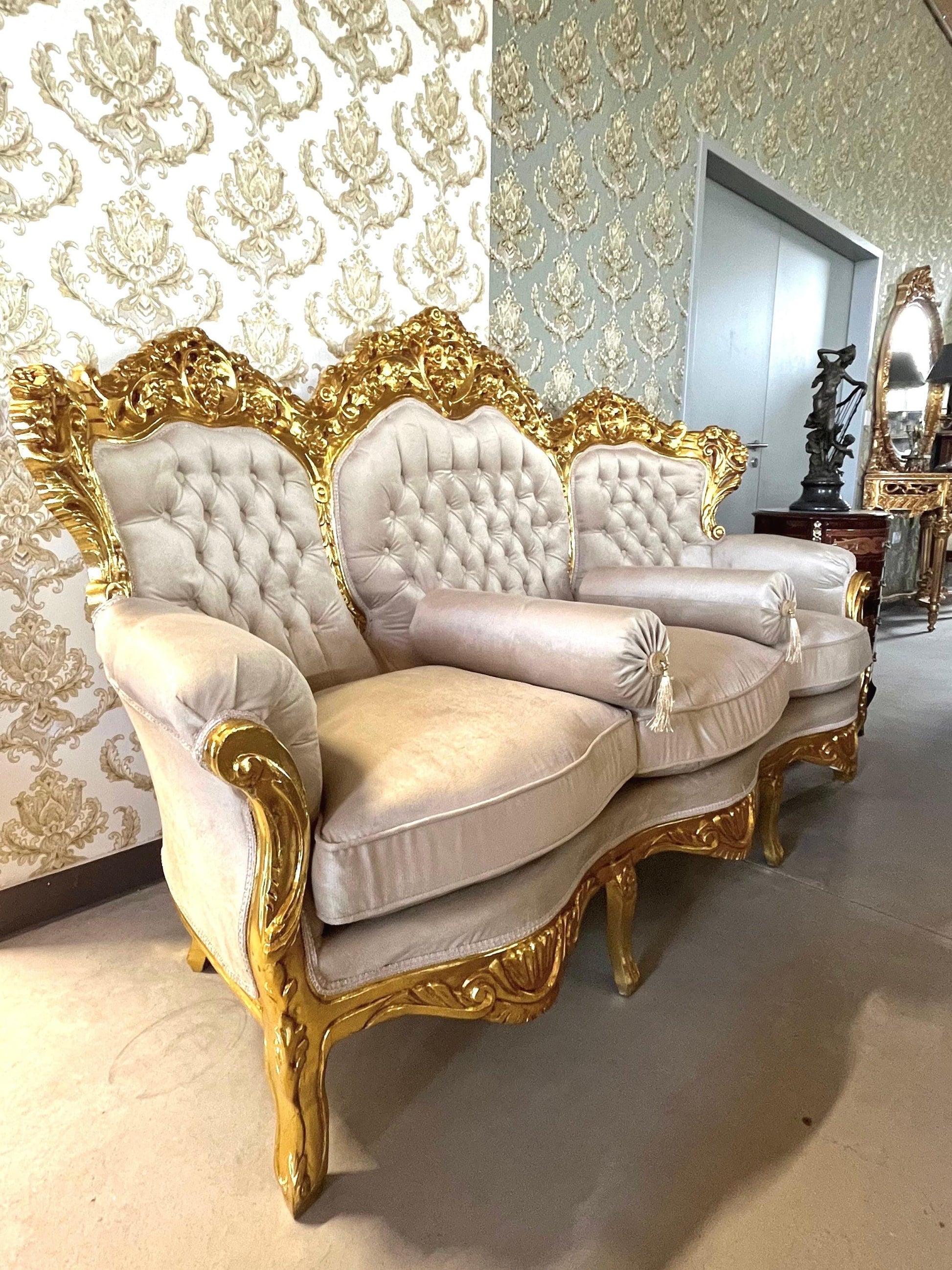 Sofa Set French Louis XV Style Tufted Velvet Beige Color in Gold Finish Marble Top Coffee Table Retro Baroque Style Sofa Set