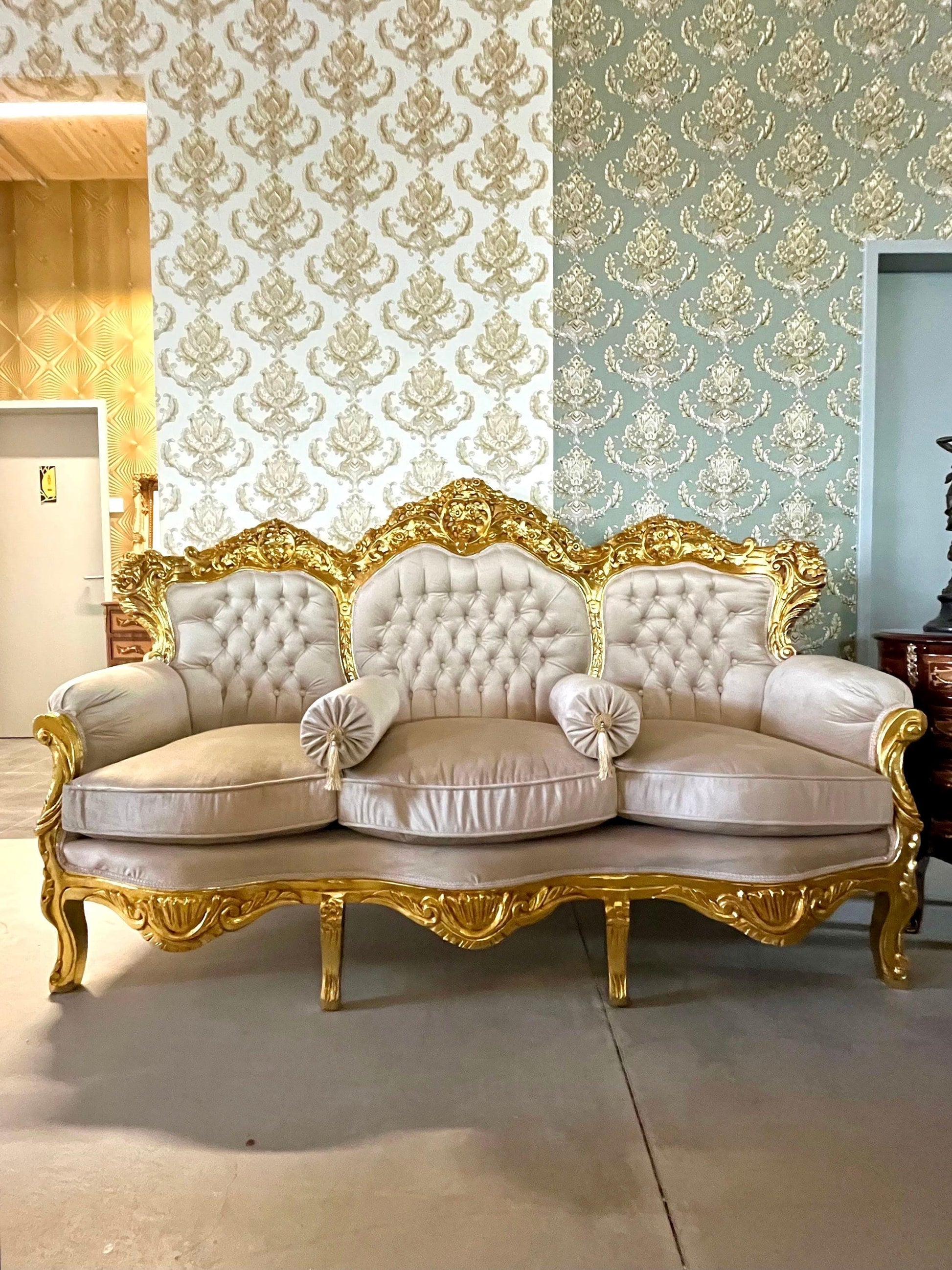 Sofa Set French Louis XV Style Tufted Velvet Beige Color in Gold Finish Marble Top Coffee Table Retro Baroque Style Sofa Set