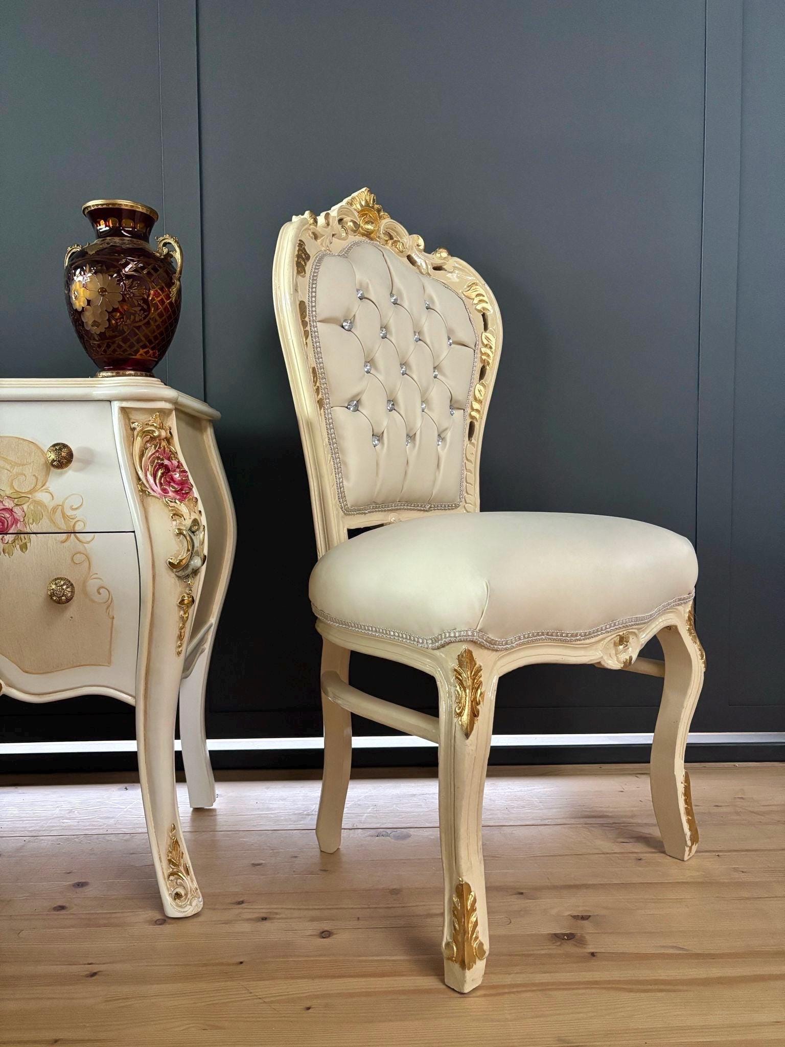 Accent Chair French Louis XV Style Dining Chair in Solid Wood Retro Baroque Antique Style Reproduction in Ivory Faux Leather for Home Decor