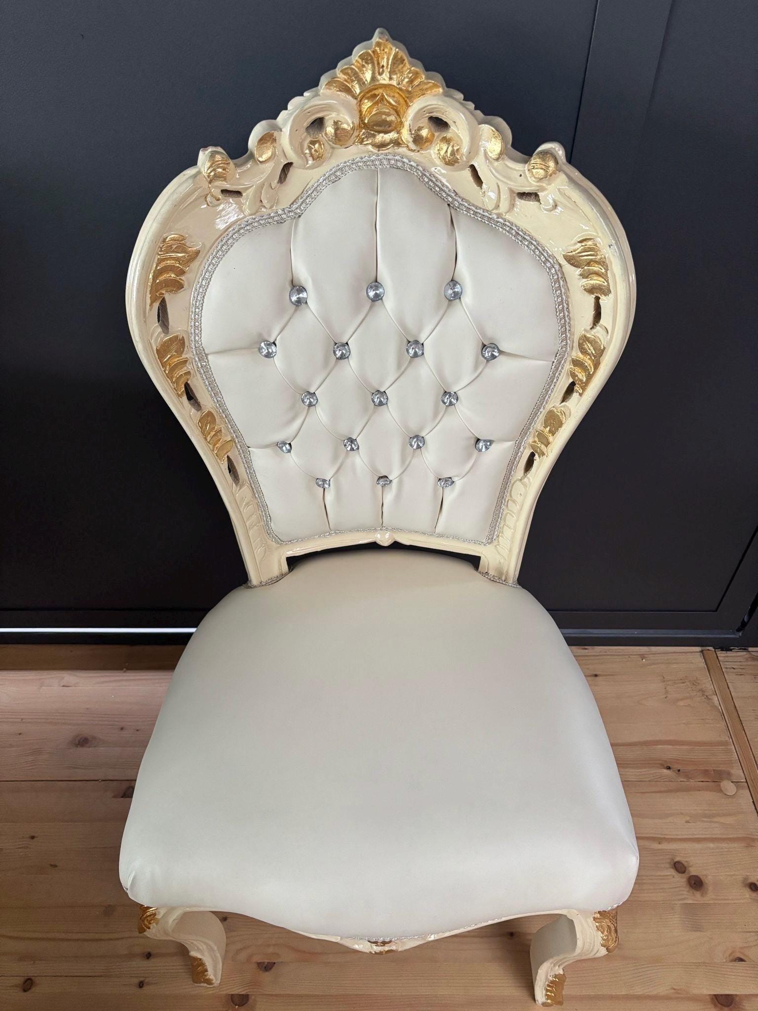 Accent Chair French Louis XV Style Dining Chair in Solid Wood Retro Baroque Antique Style Reproduction in Ivory Faux Leather for Home Decor