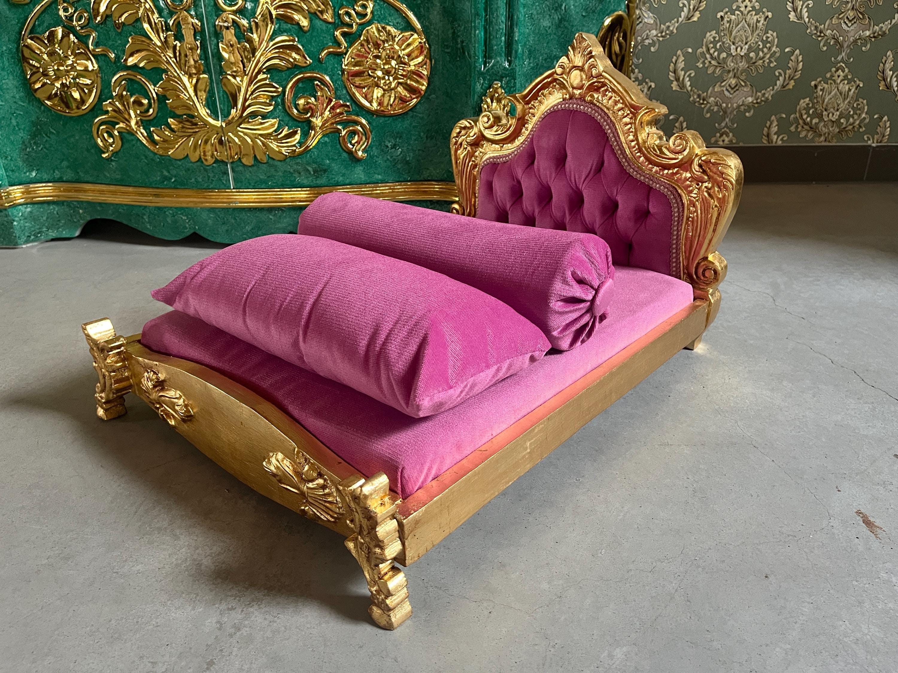 Small Pet Bed French Louis Baroque Style Dog Bed in Gold Finish Cute Baroque Rococo Pet Bed in Pink Velvet Blue Velvet & Green Velvet