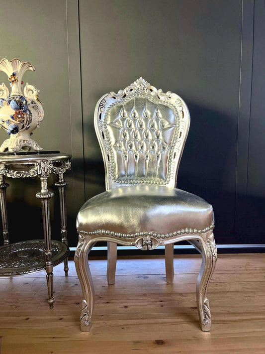 Accent Chair French Louis Style Dining Chair in Silver Finish Antique Style Chair Baroque Rococo Style Chair in Silver