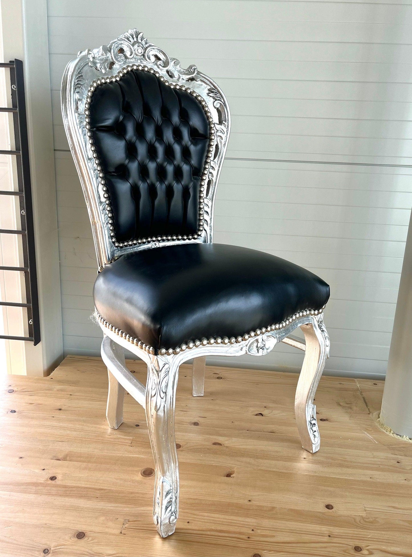 Accent Chair Black Leather Like Silver Finish French Baroque Rococo Style Chair Antique Style Reproduction Dining Chair Black Color for Home