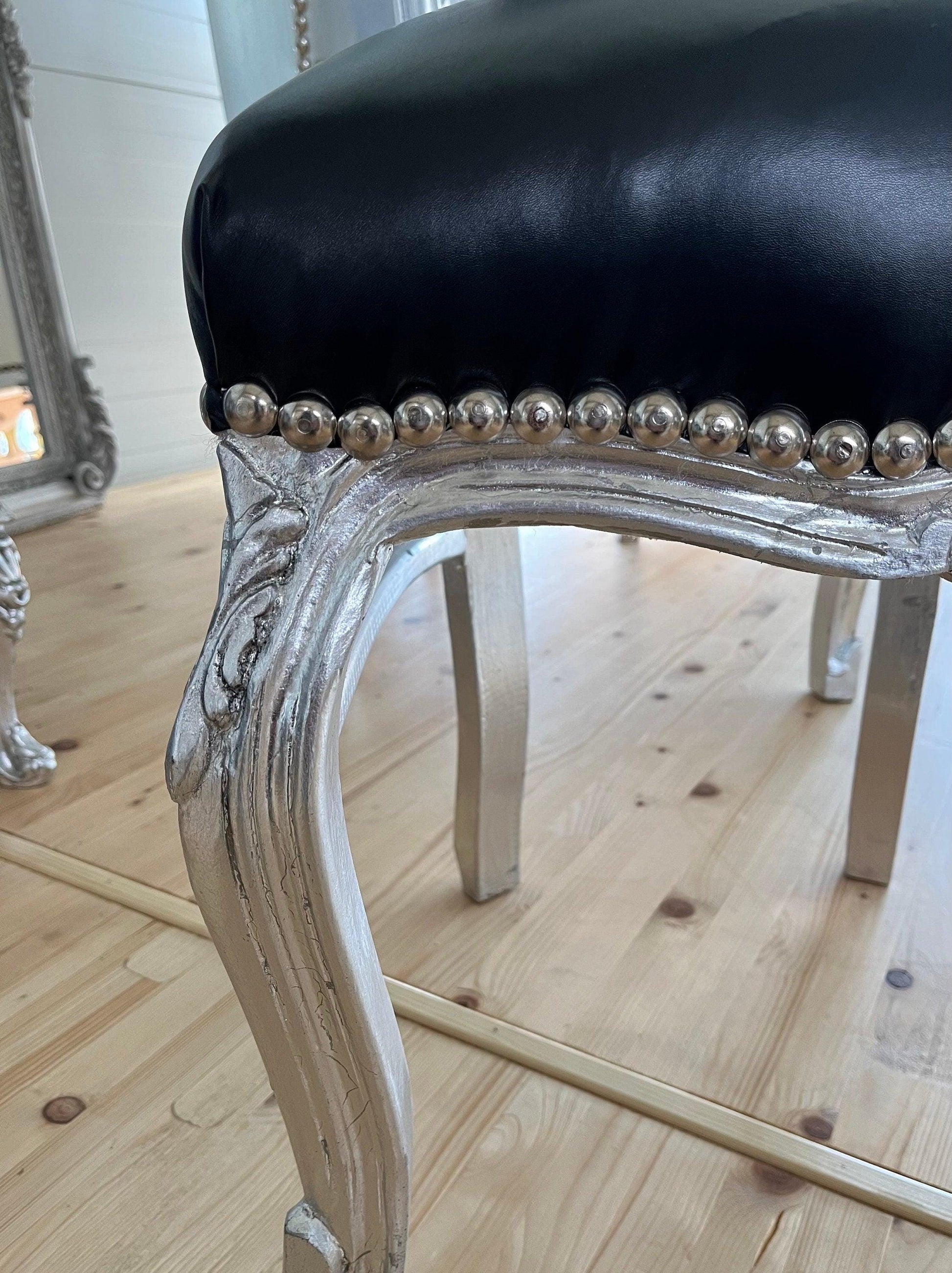 Accent Chair Black Leather Like Silver Finish French Baroque Rococo Style Chair Antique Style Reproduction Dining Chair Black Color for Home