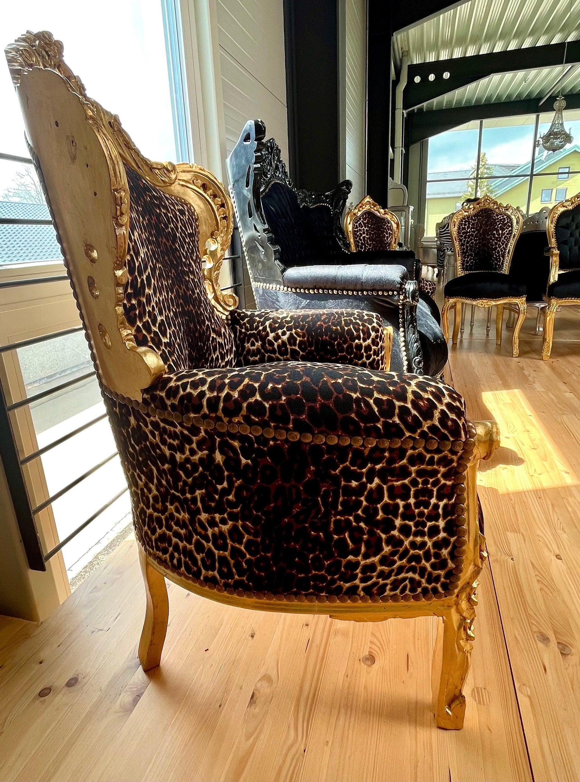 Armchair French Baroque Rococo Style Wooden Sofa Chair Antique Style in Leopard Brown for Living Room Home Decor