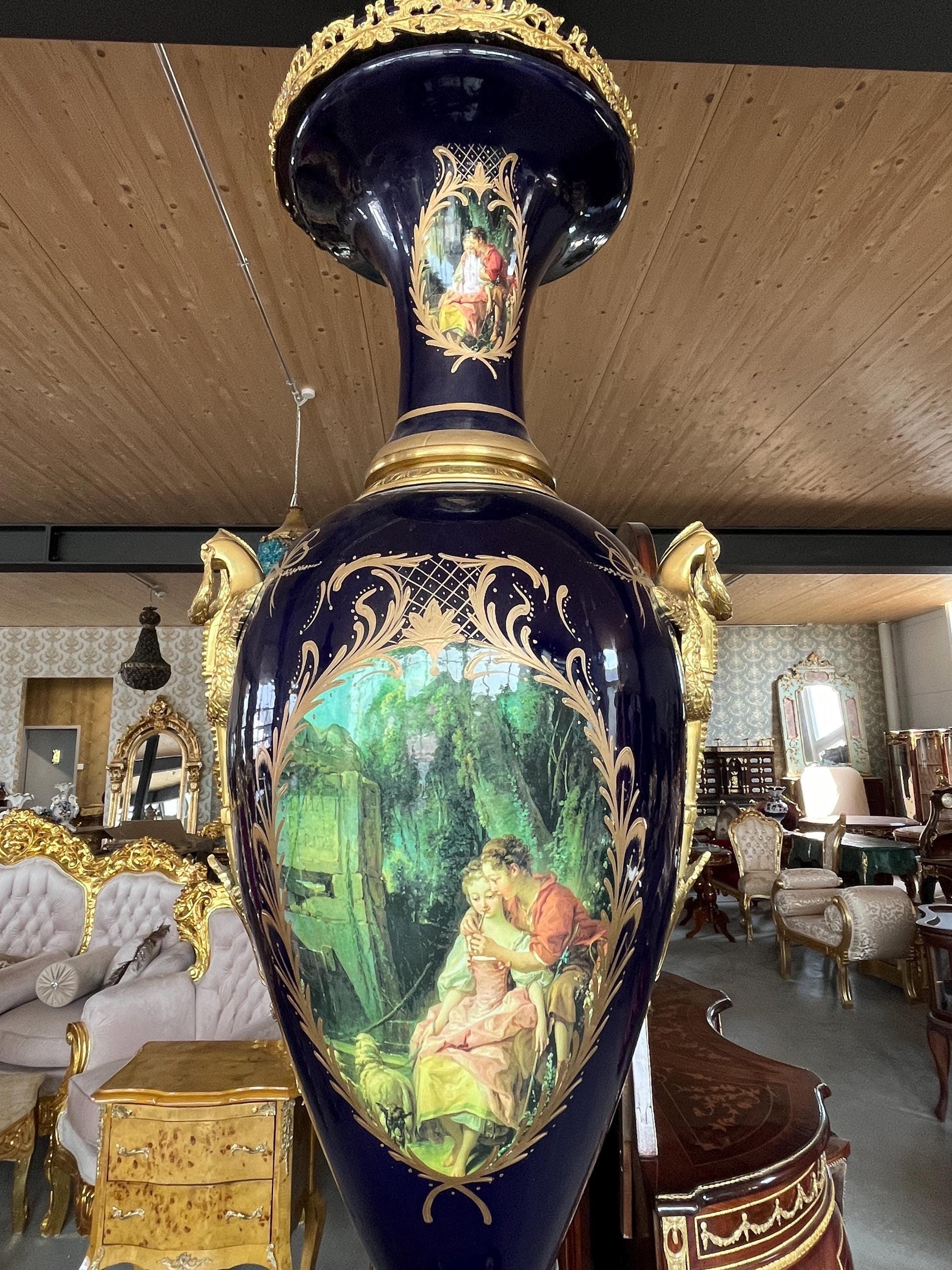 Huge Porcelain Vase Ormolu Mounted Sèvres Style Reproduction Giant Blue Porcelain Vase Stand for Commercial Display for Hotel Decoration