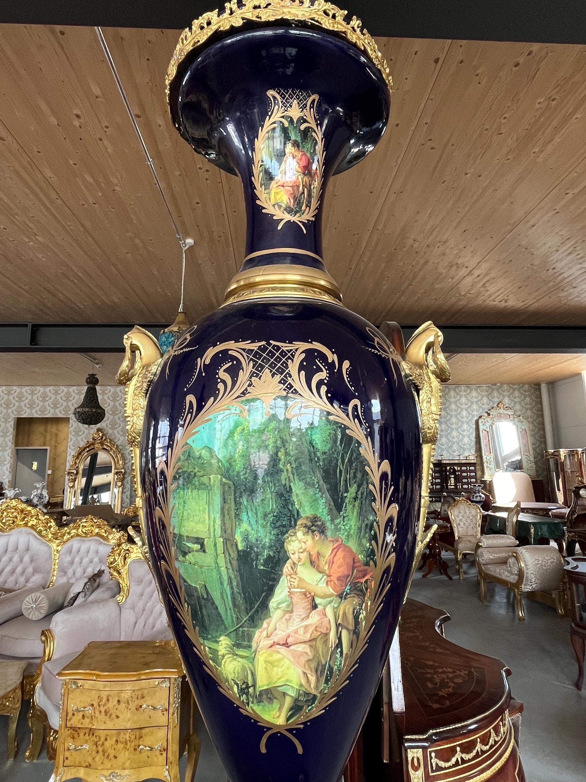 Huge Porcelain Vase Ormolu Mounted Sèvres Style Reproduction Giant Blue Porcelain Vase Stand for Commercial Display for Hotel Decoration