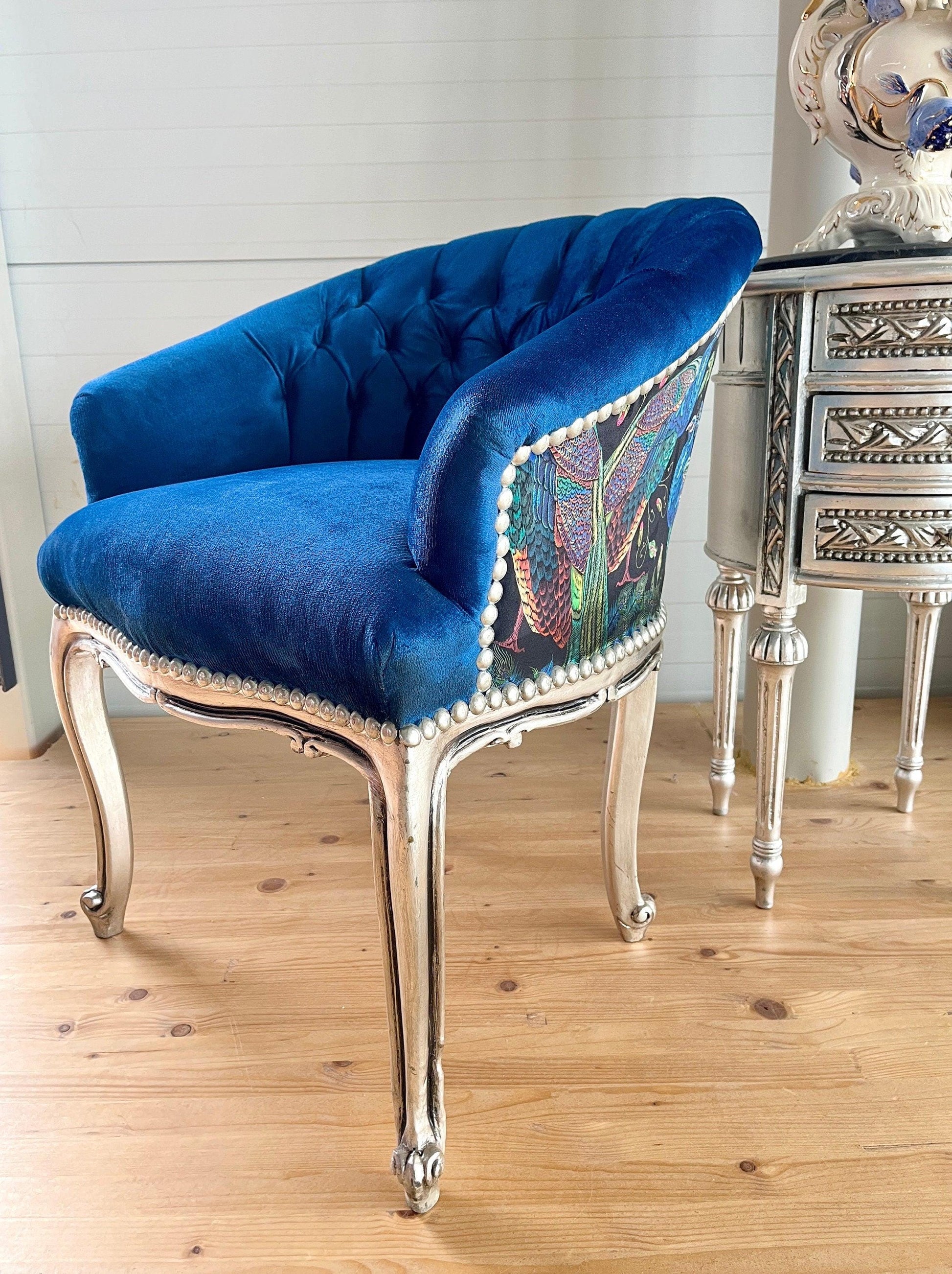 Cocktail Chair Tufted Velvet French Baroque Rococo Style in Animal Jungle Print at Back Bar Chair Tufted Velvet Blue Velvet Berry