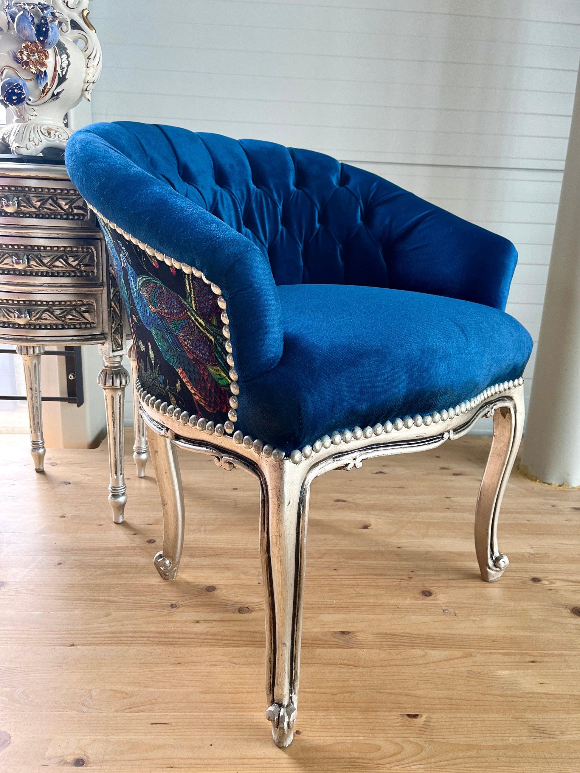 Cocktail Chair Tufted Velvet French Baroque Rococo Style in Animal Jungle Print at Back Bar Chair Tufted Velvet Blue Velvet Berry