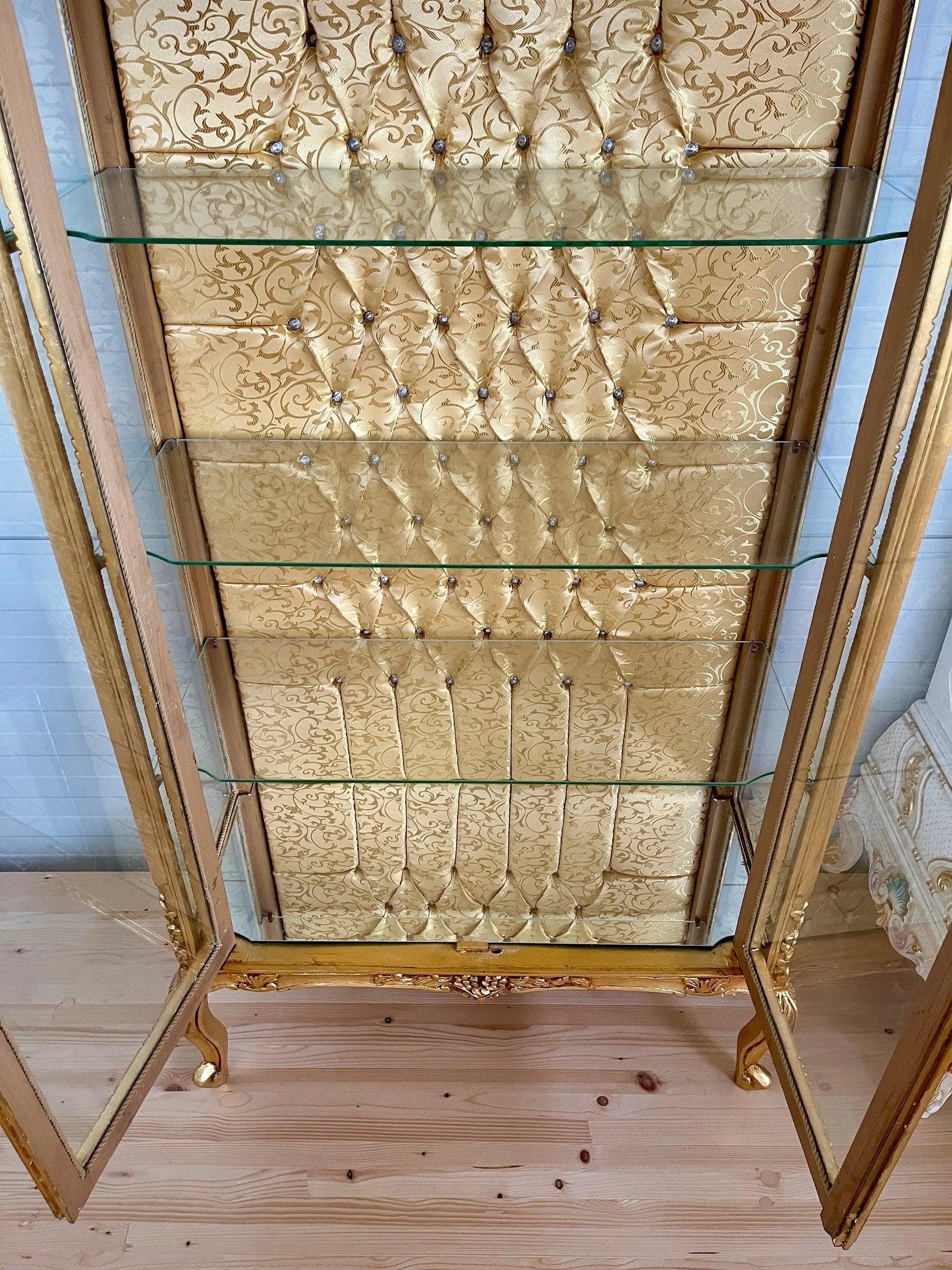 French Louis Style Display Glass Cabinet Gold Finish Hand-Carved Wood