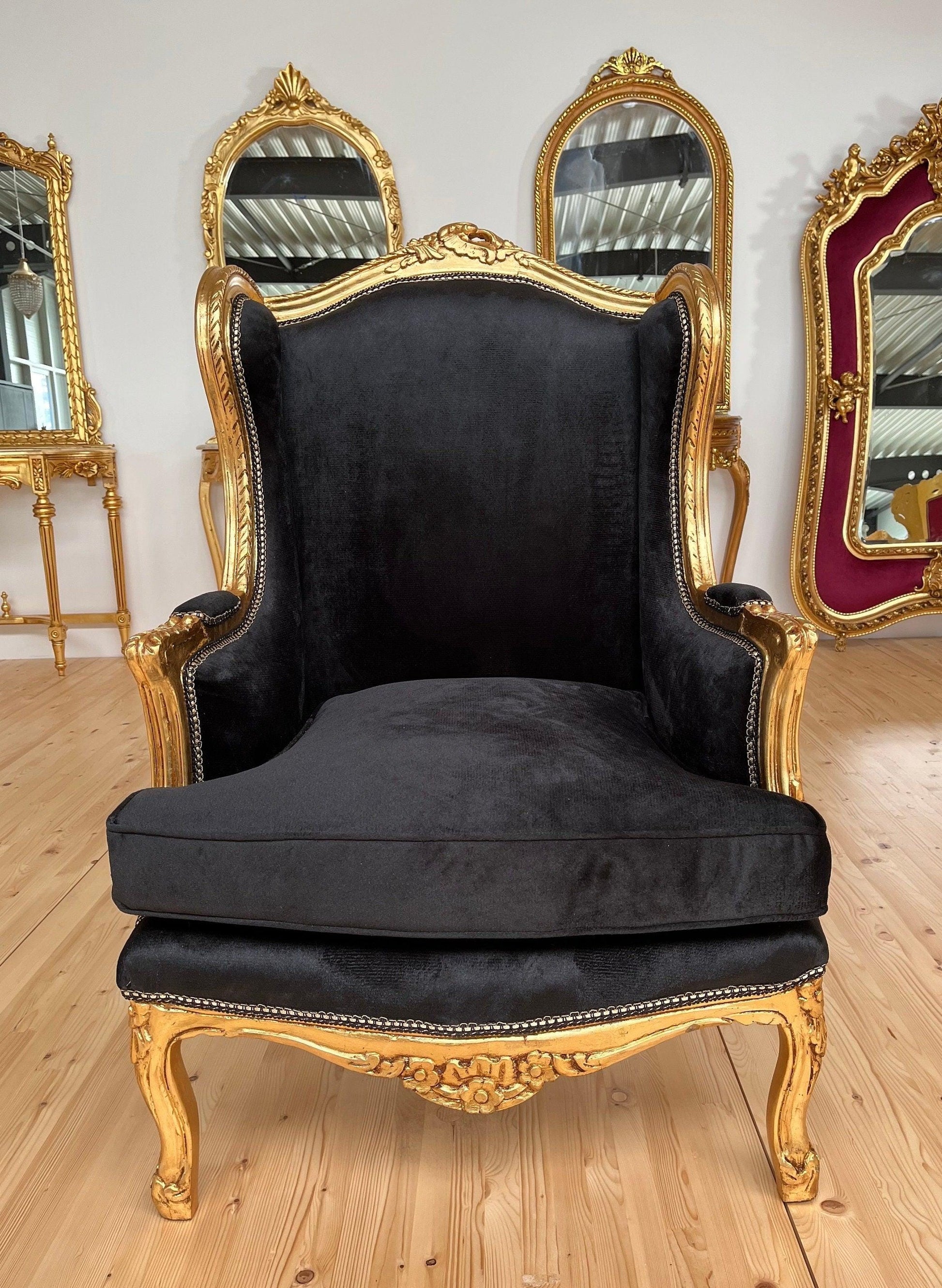 Accent Armchair Retro Baroque Rococo Style Black Velvet Chair in Gold Finish For Holiday Decor