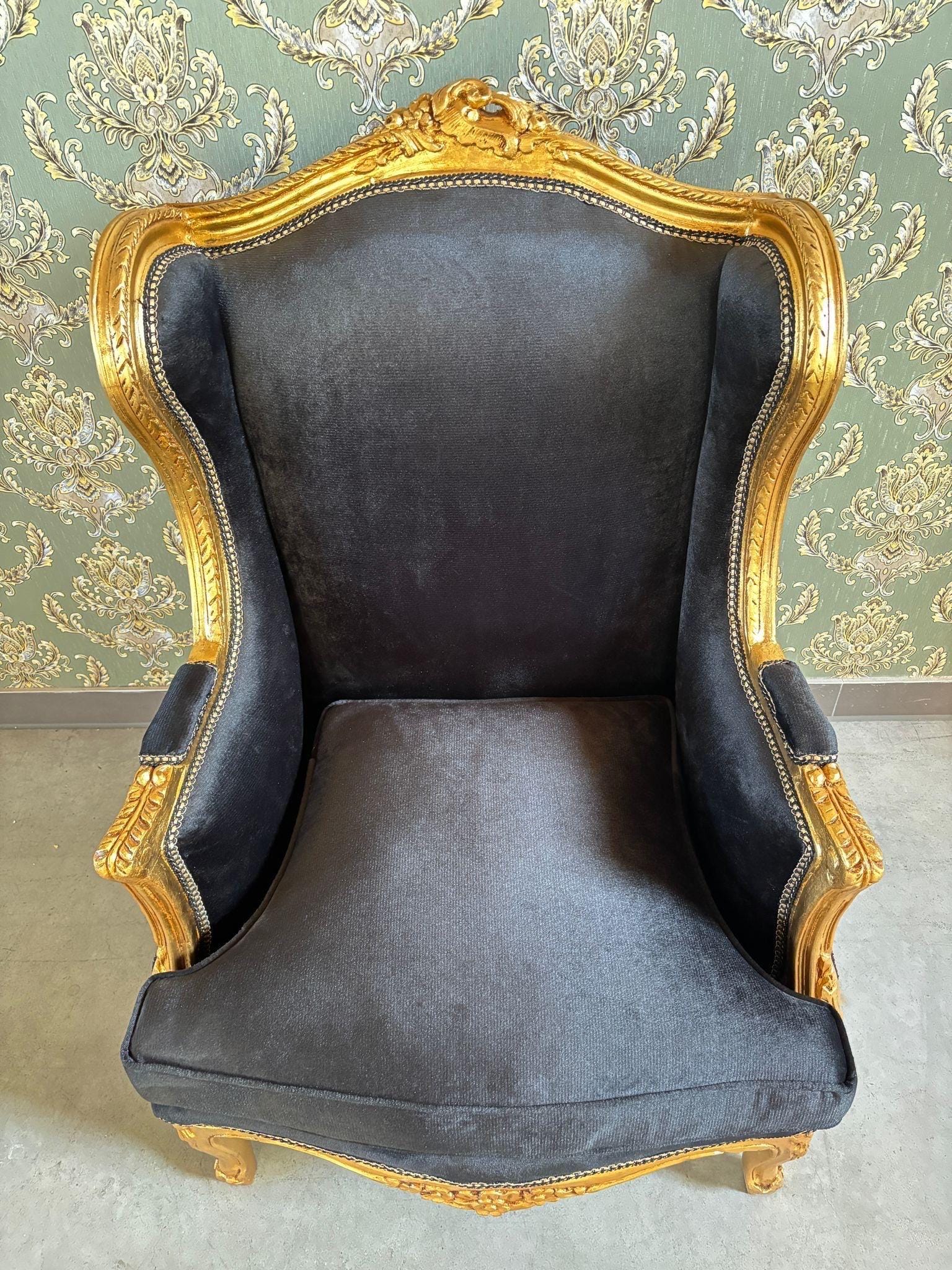 Accent Armchair Retro Baroque Rococo Style Black Velvet Chair in Gold Finish For Holiday Decor