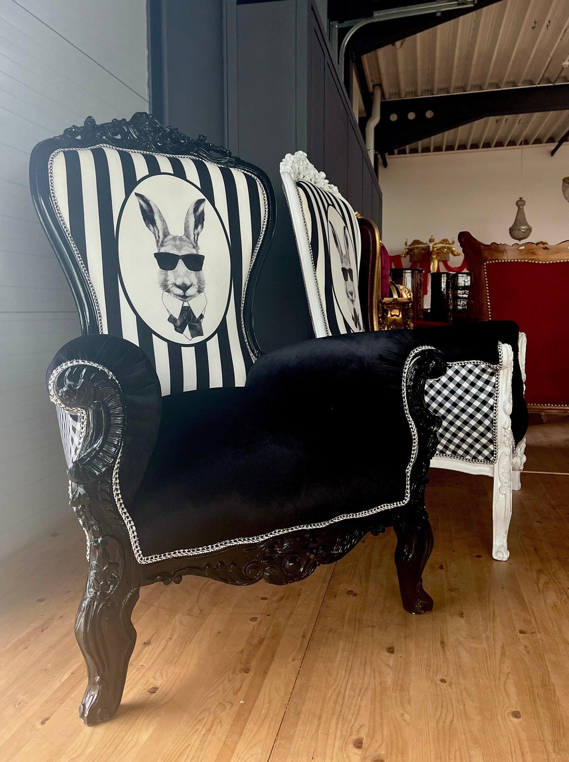 Throne Armchair Black & White Funny Rabbit Print Huge Armchair for Birthday Party for Special Event or Commercial Decoration