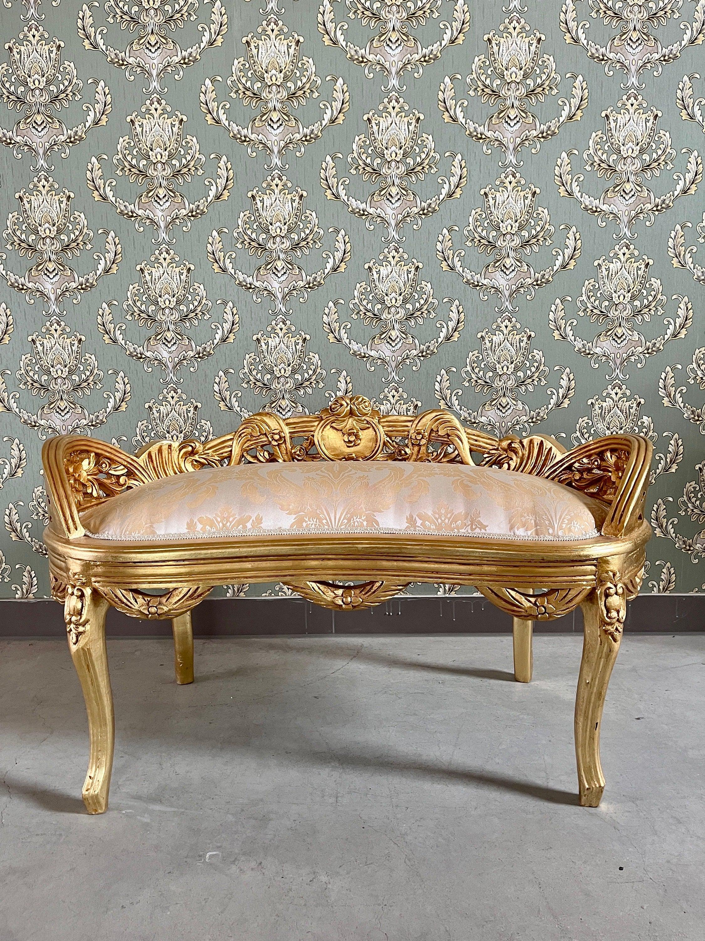 Small Bench French Louis Gold Stool Retro Baroque Rococo Style Ottoman in Ivory Colour Gold Finish for Home Décor Bench for Wedding Event
