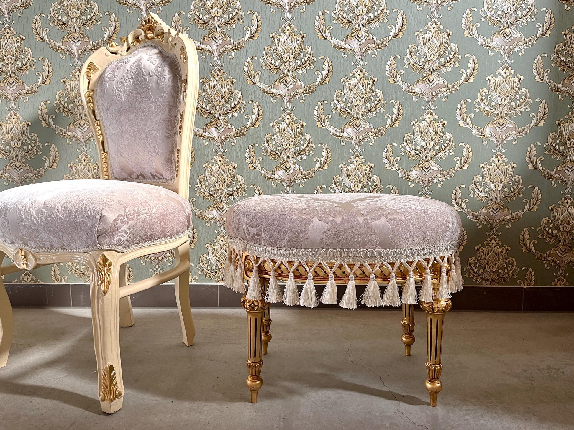 Velvet Pouf French Baroque Style Oval Ottoman With Fringe In Ivory Flower Pattern In Camel Velvet Footstool In Gold Finish
