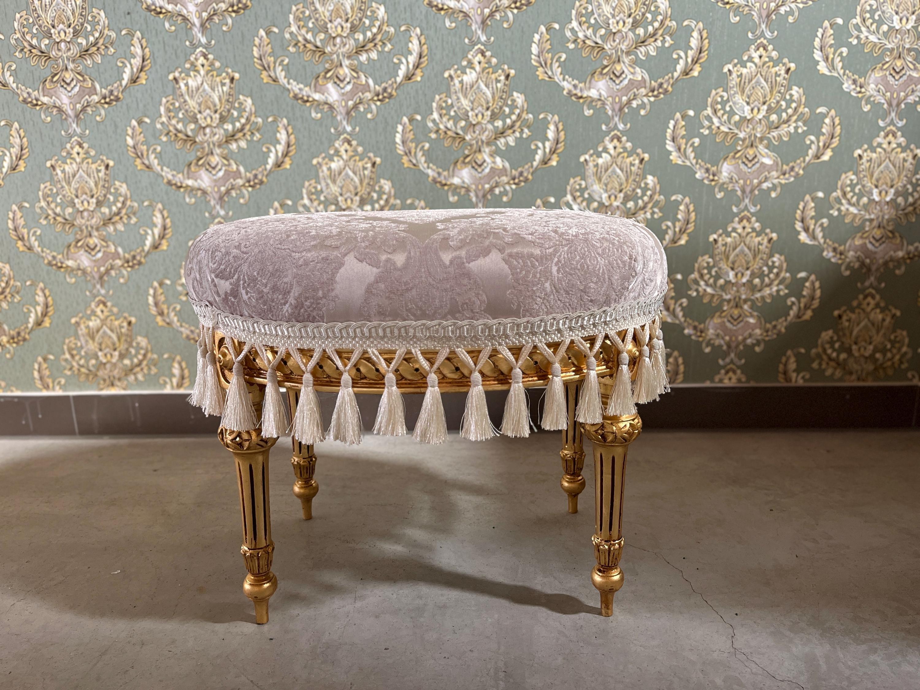 Velvet Pouf French Baroque Style Oval Ottoman With Fringe In Ivory Flower Pattern In Camel Velvet Footstool In Gold Finish
