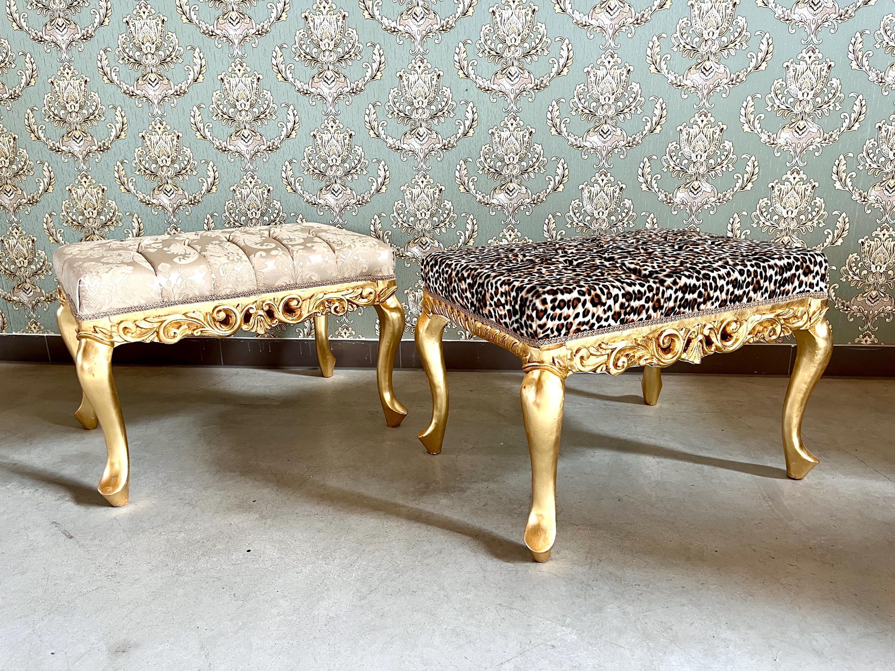 Small Square Bench Retro Baroque Rococo Style Ottoman in Leopard Print Velvet in Gold Finish for Furniture Gift Home Decor