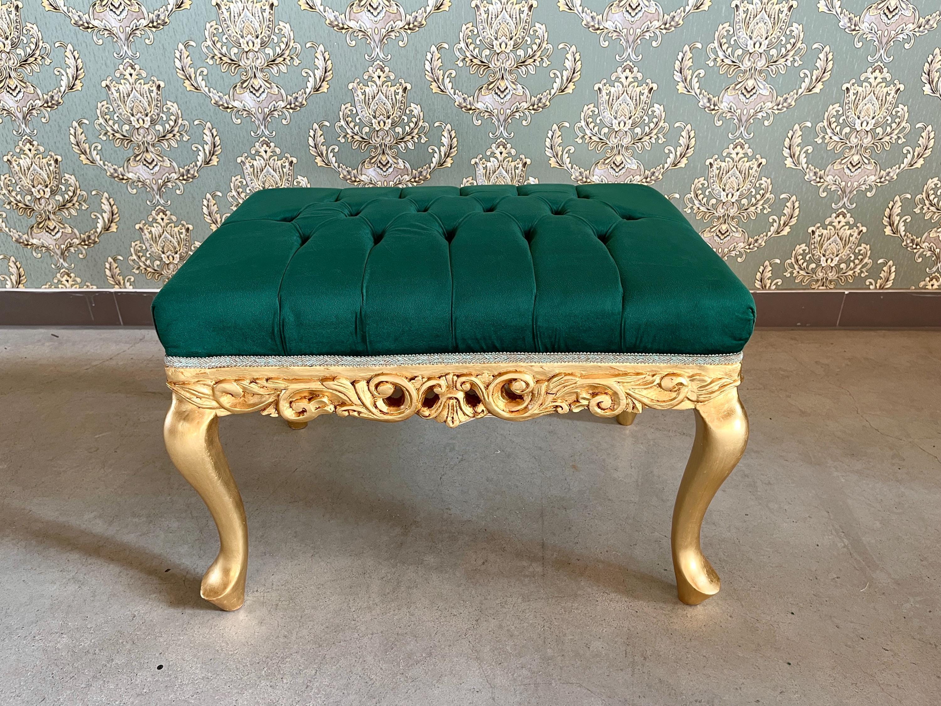Small Bench Retro Baroque Rococo Style Ottoman in Xmas Green Velvet Gold Finish for Furniture Home Gift Xmas Gift for Home Decor