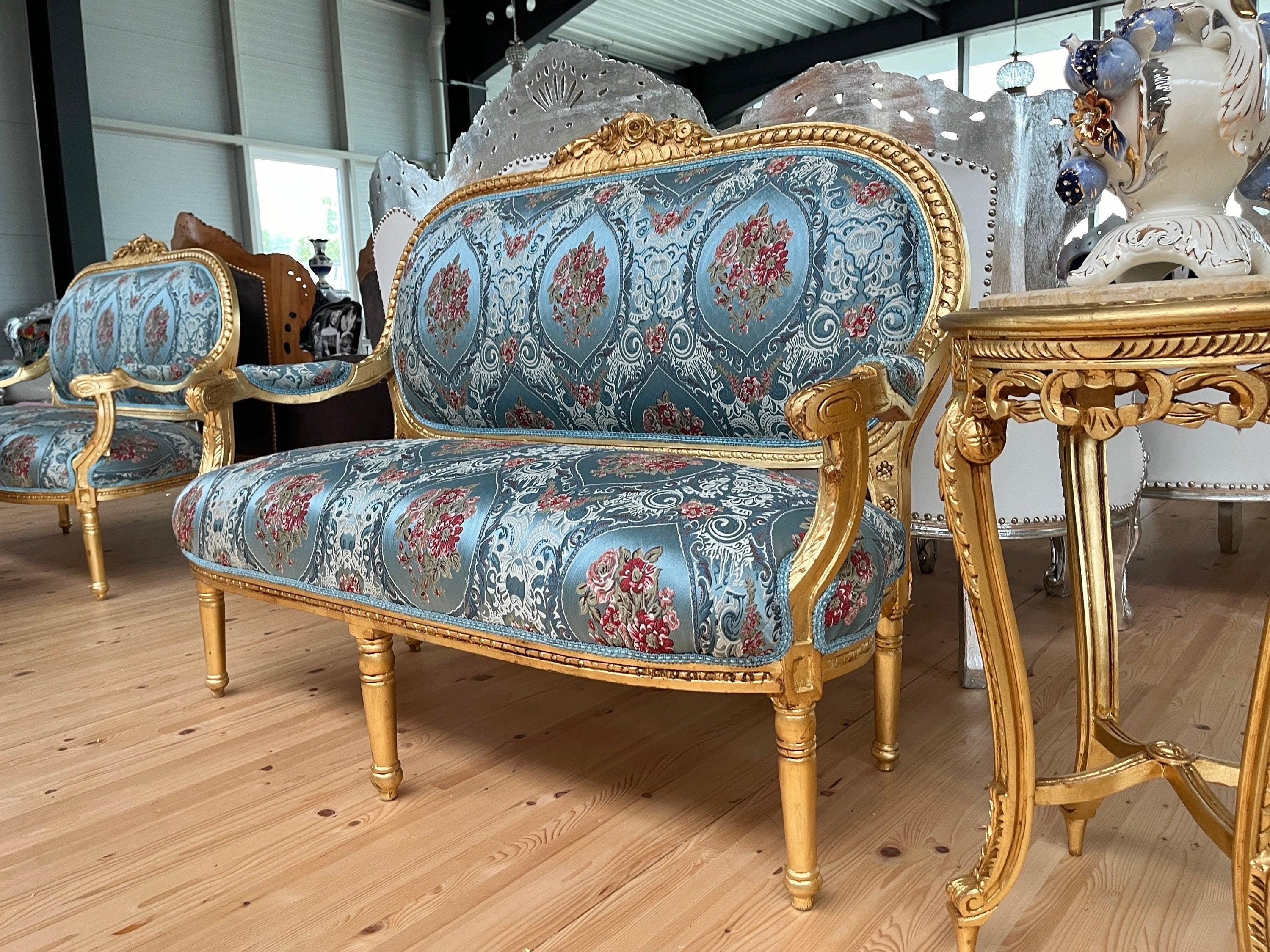 Lounge Sofa Set Blue Flower Pattern French Baroque Rococo Style Sofa Set Royal Antique Style for Hotel Lobby or Home Lounge Room Decor