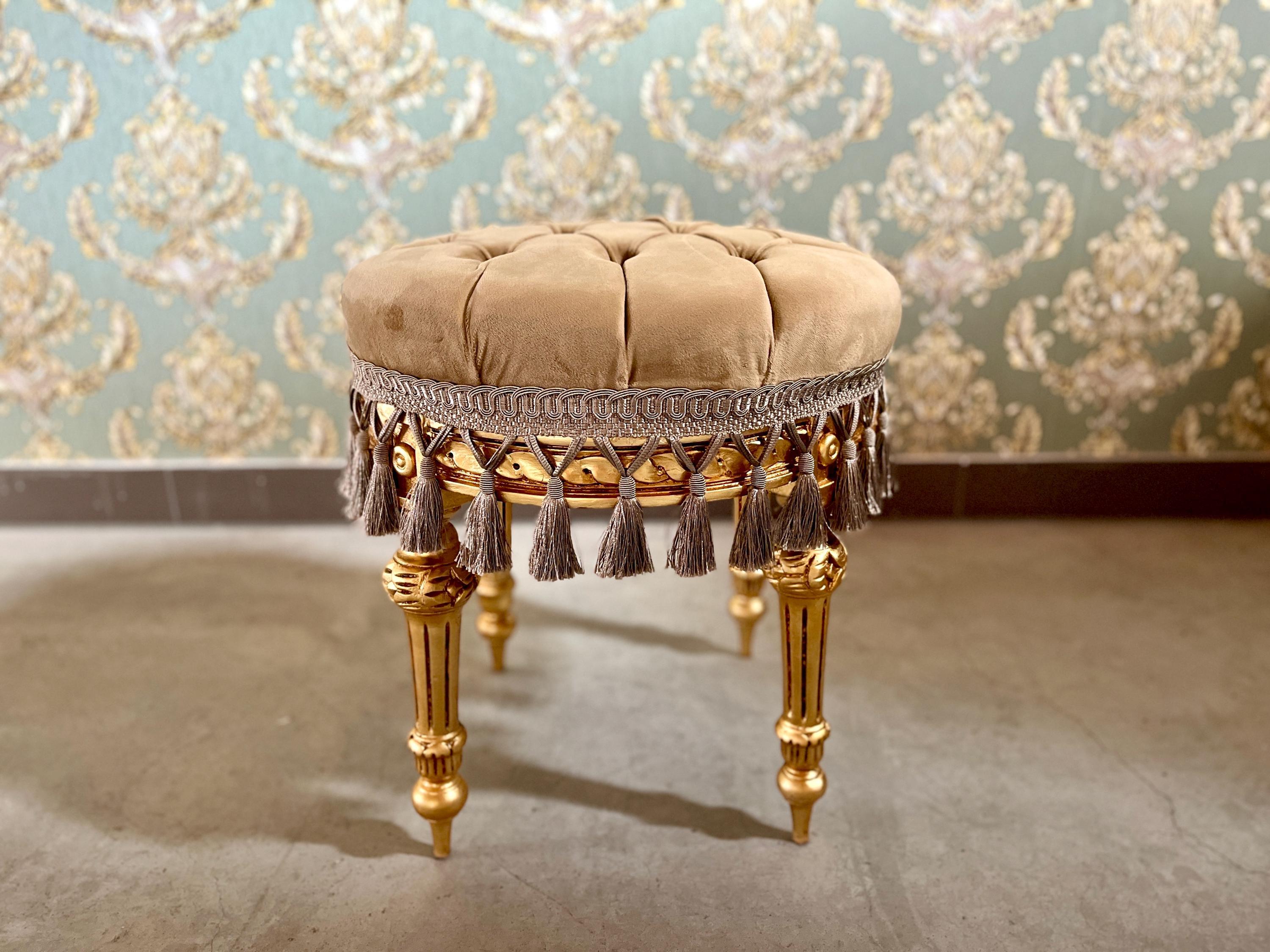 Adorable Velvet Pouf French Baroque Style Ottoman With Fringe In Ivory Flower Pattern In Camel Velvet Footstool In Gold Finish