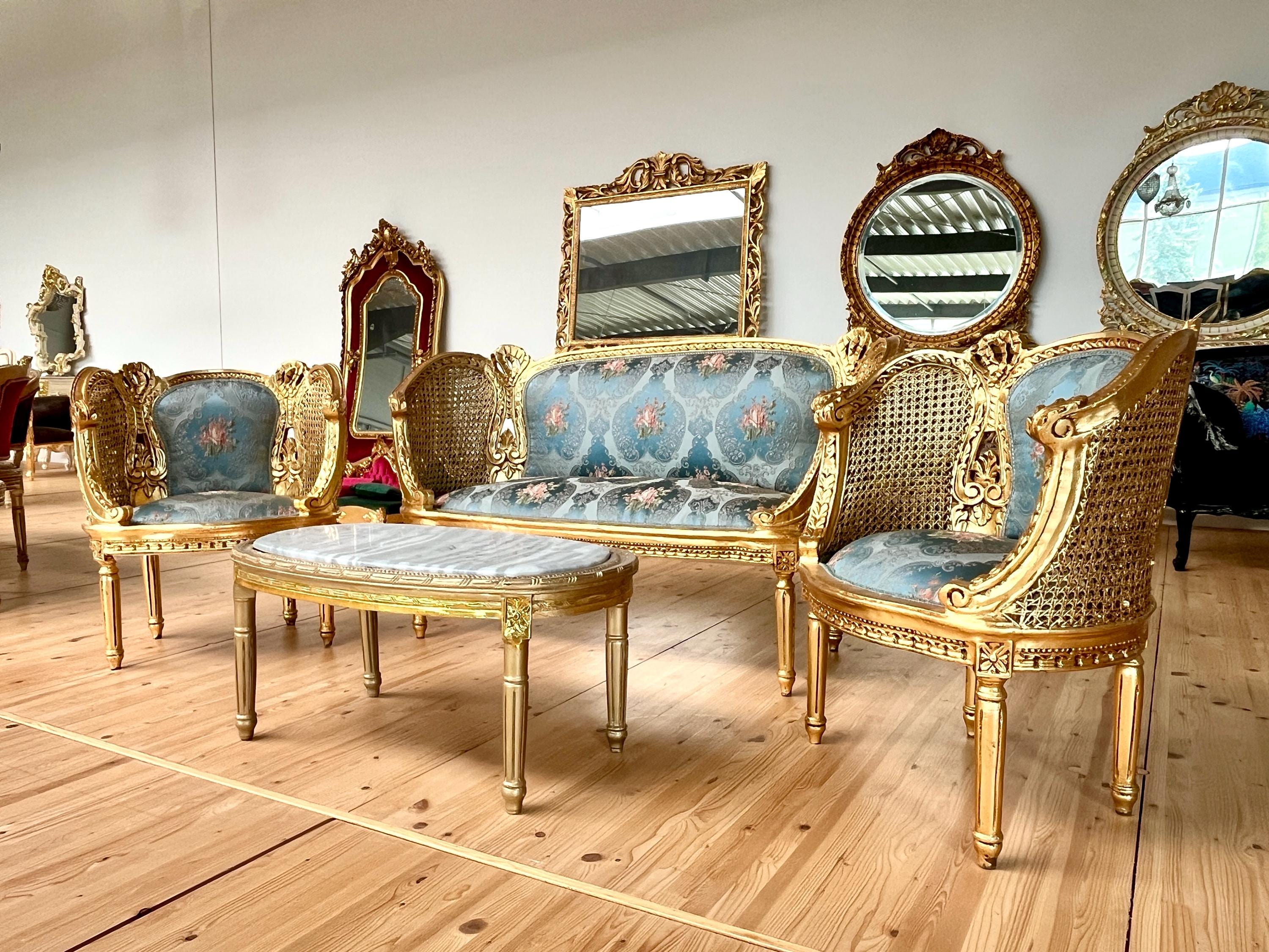 Sofa Set Royal Baroque Style in Blue Floral Damask Retro Rococo Couch Set in Gold Finish for Lounge Room Decor Party Event TV Movie Shooting