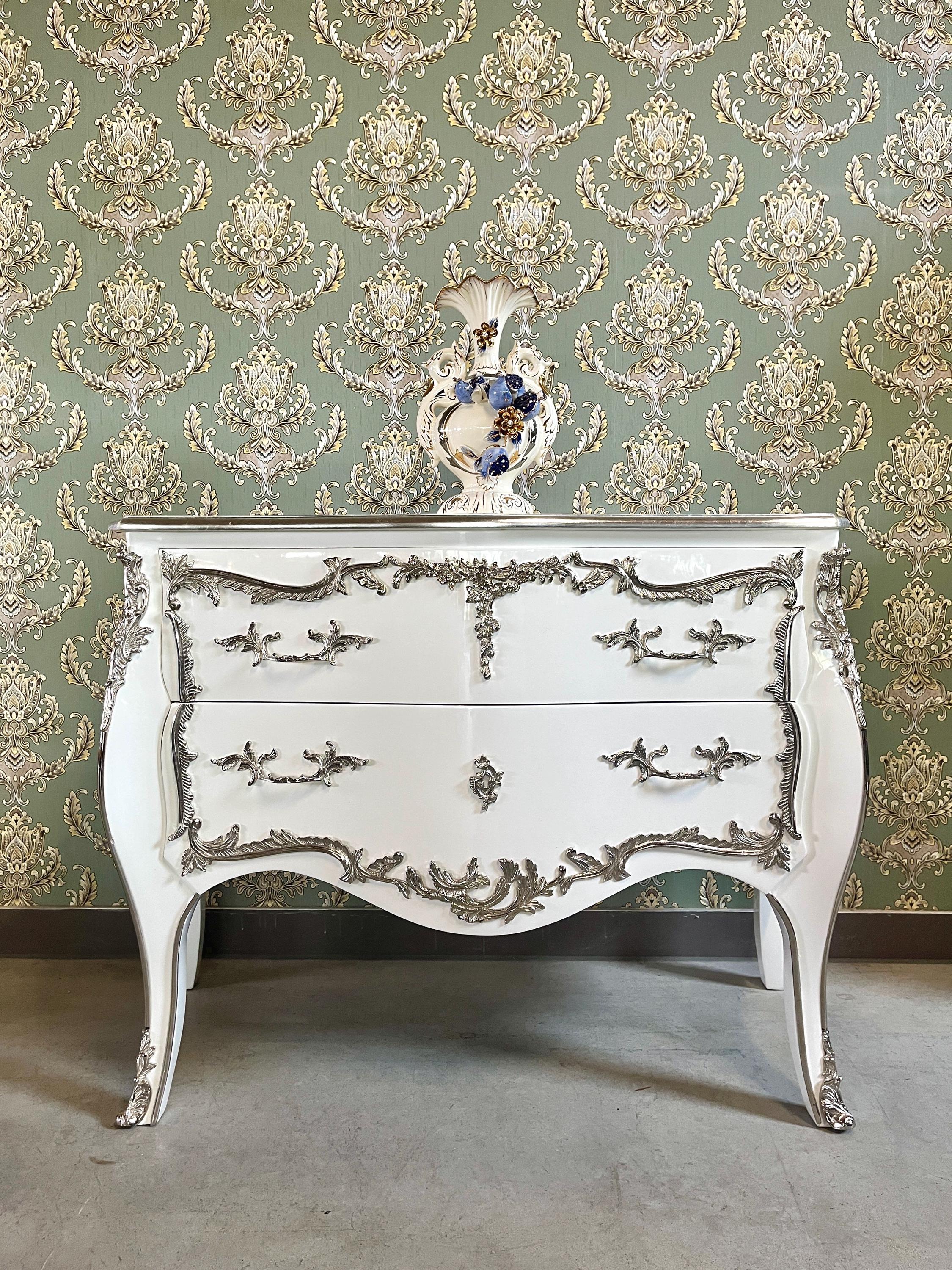 Luxury Chest of Drawer French Louis Style Black and Gold Bronze Retro Baroque Dresser White and Silver Brass for Stylish Bedroom Decor