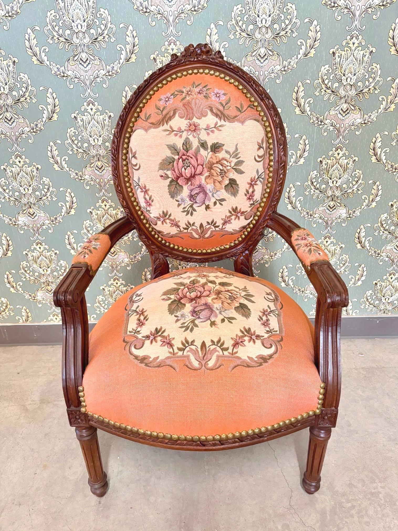Lodge Chair Peach Red Floral Pattern Damask Wooden Armchair French Baroque Style Accent Chair Handmade Living Room Armchair for Home Decor