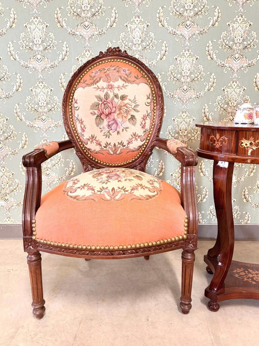 Lodge Chair Peach Red Floral Pattern Damask Wooden Armchair French Baroque Style Accent Chair Handmade Living Room Armchair for Home Decor