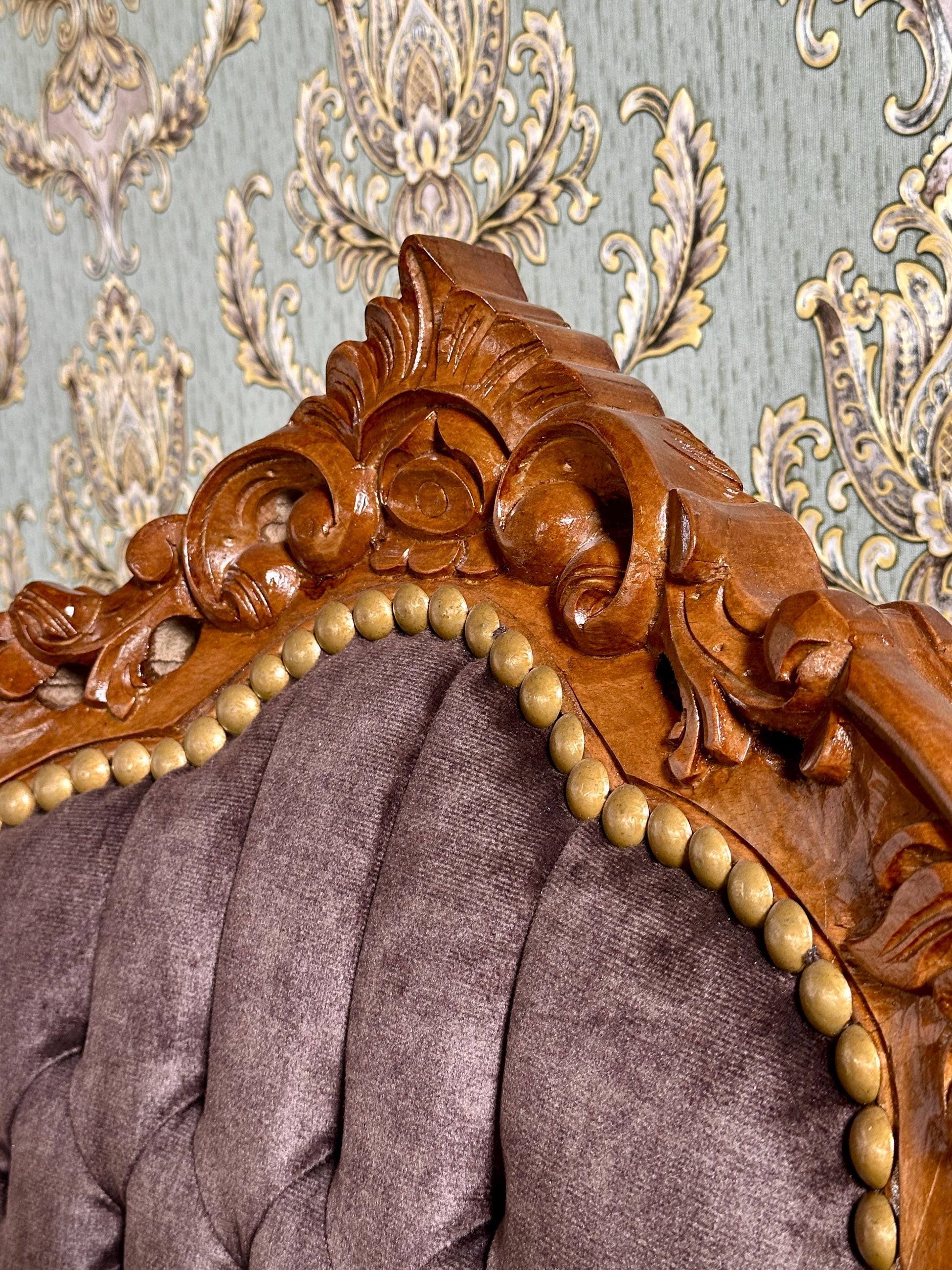 Brown Velvet French Baroque Armchair: Louis XV Style Accent Chair