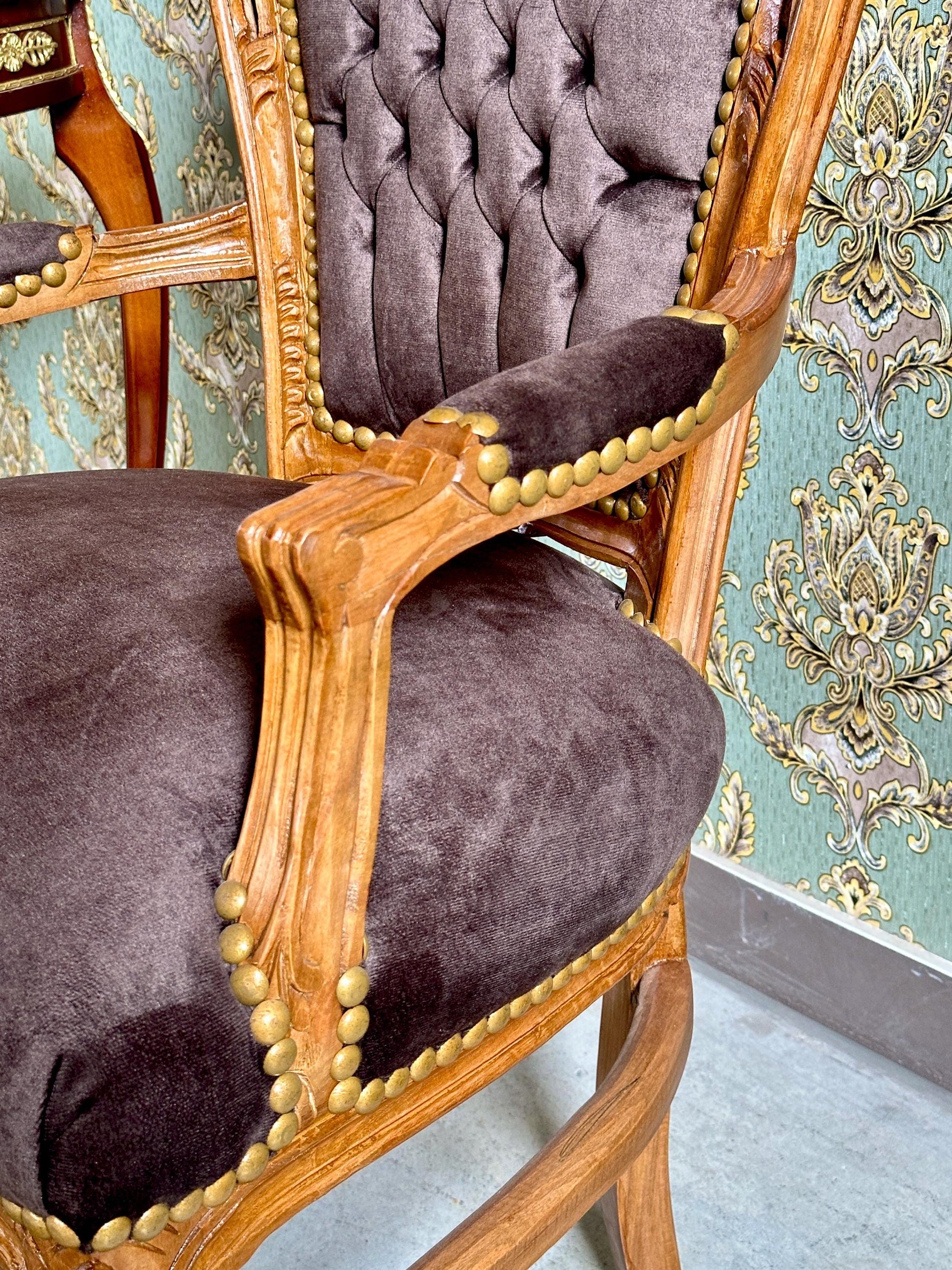 Brown Velvet French Baroque Armchair: Louis XV Style Accent Chair