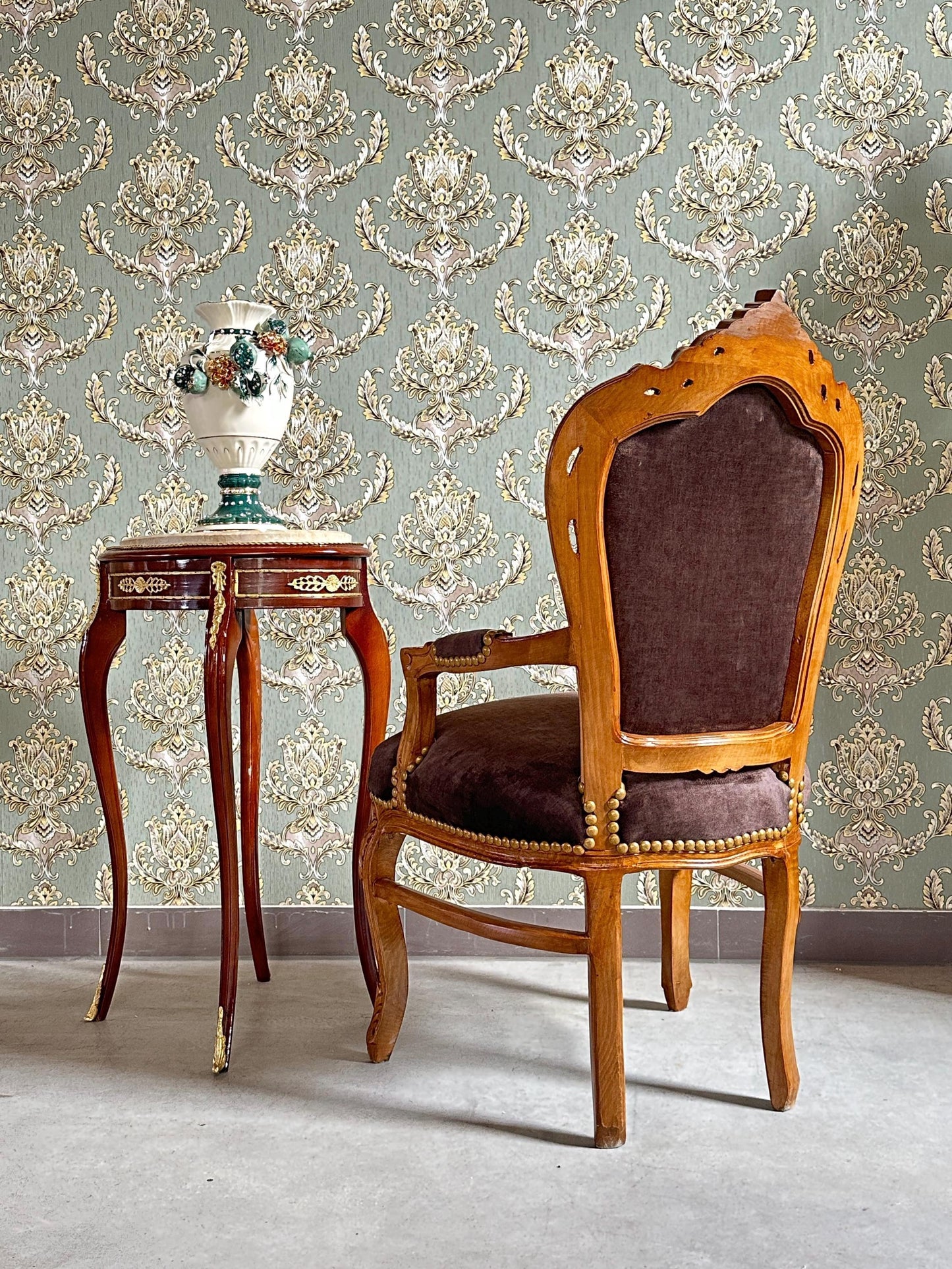 Brown Velvet French Baroque Armchair: Louis XV Style Accent Chair