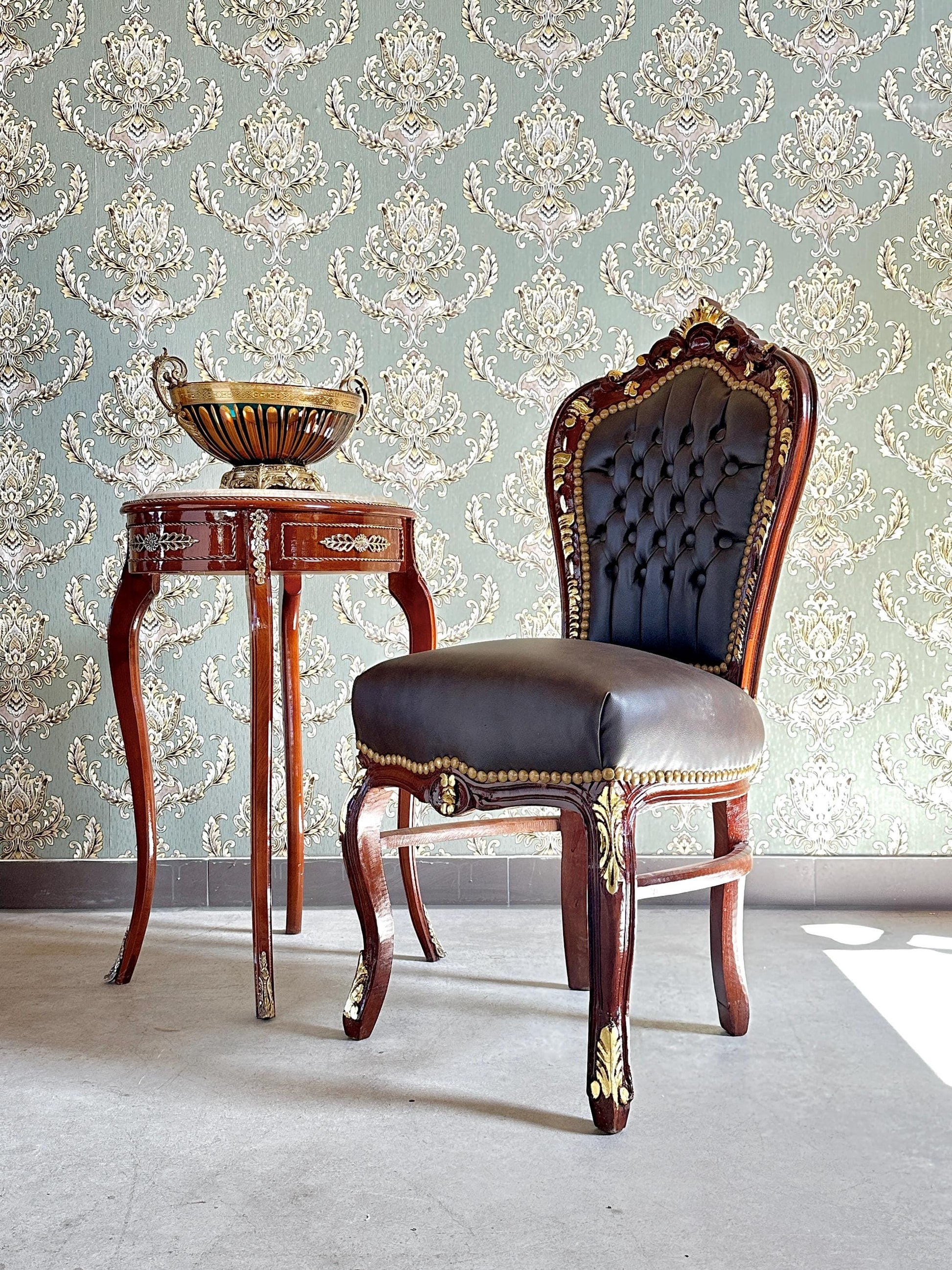 Handmade Louis XV Baroque Chair: Brown Faux Leather Dining Accent