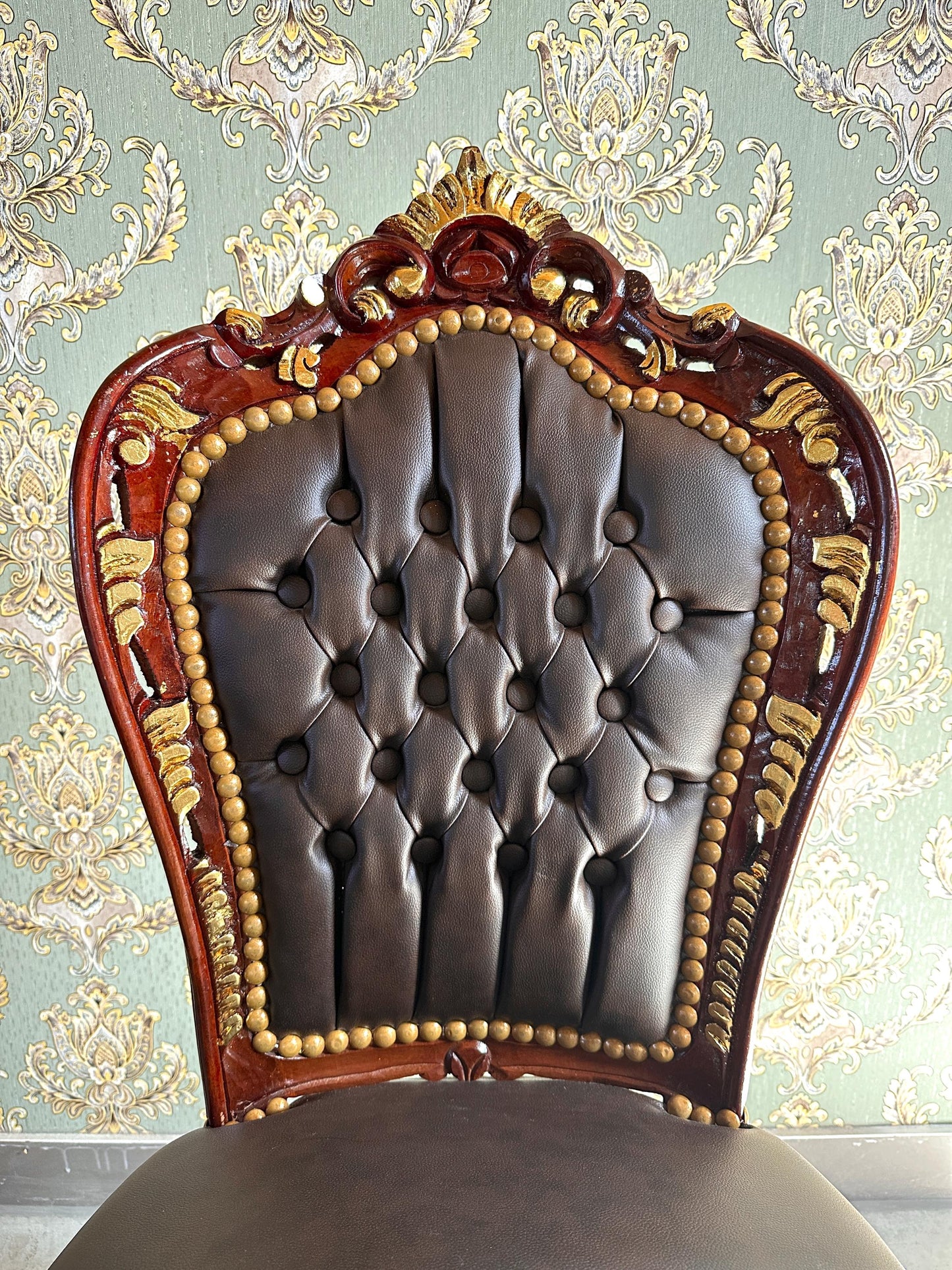 Handmade Louis XV Baroque Chair: Brown Faux Leather Dining Accent