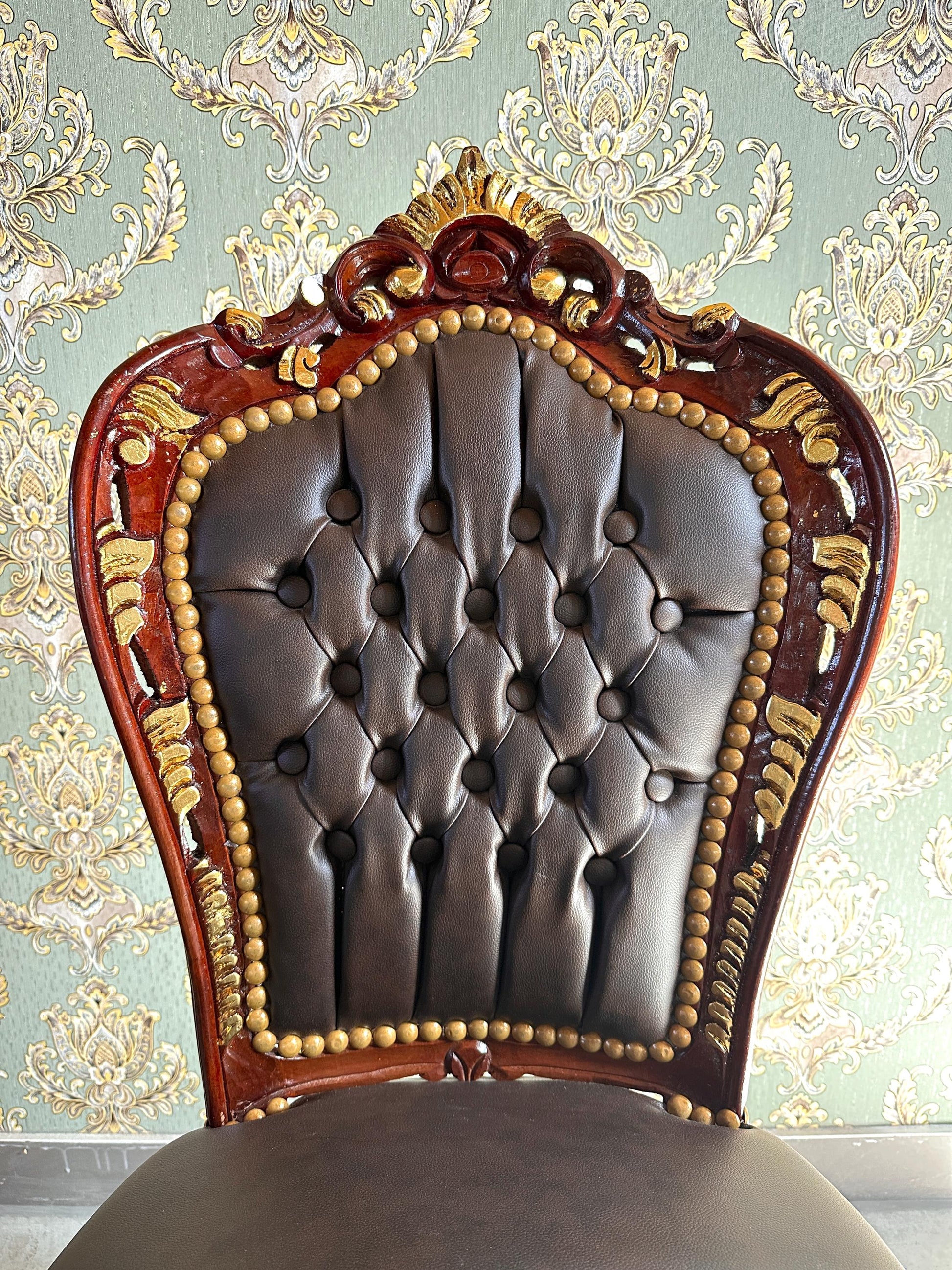 Handmade Louis XV Baroque Chair: Brown Faux Leather Dining Accent